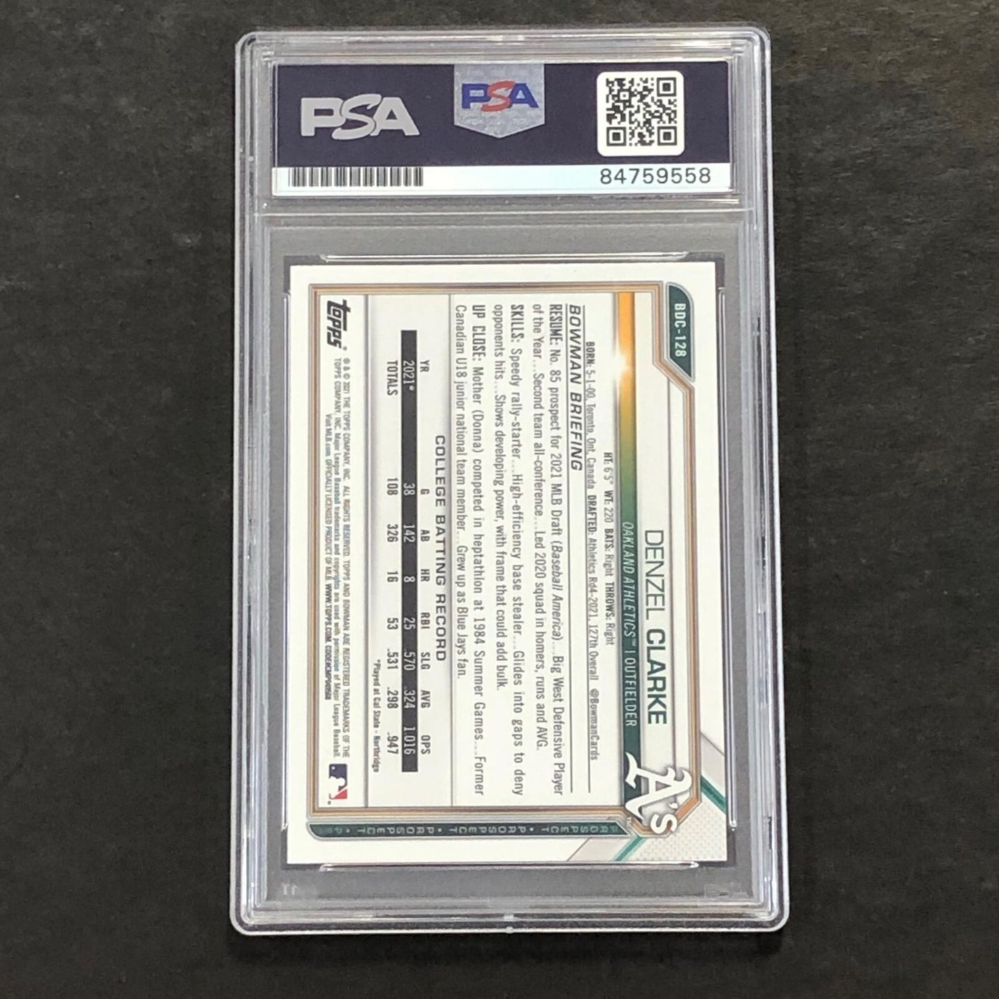 2021 Bowman Draft Chrome #BDC-198 Denzel Clarke Signed Card PSA Slabbed Auto A's