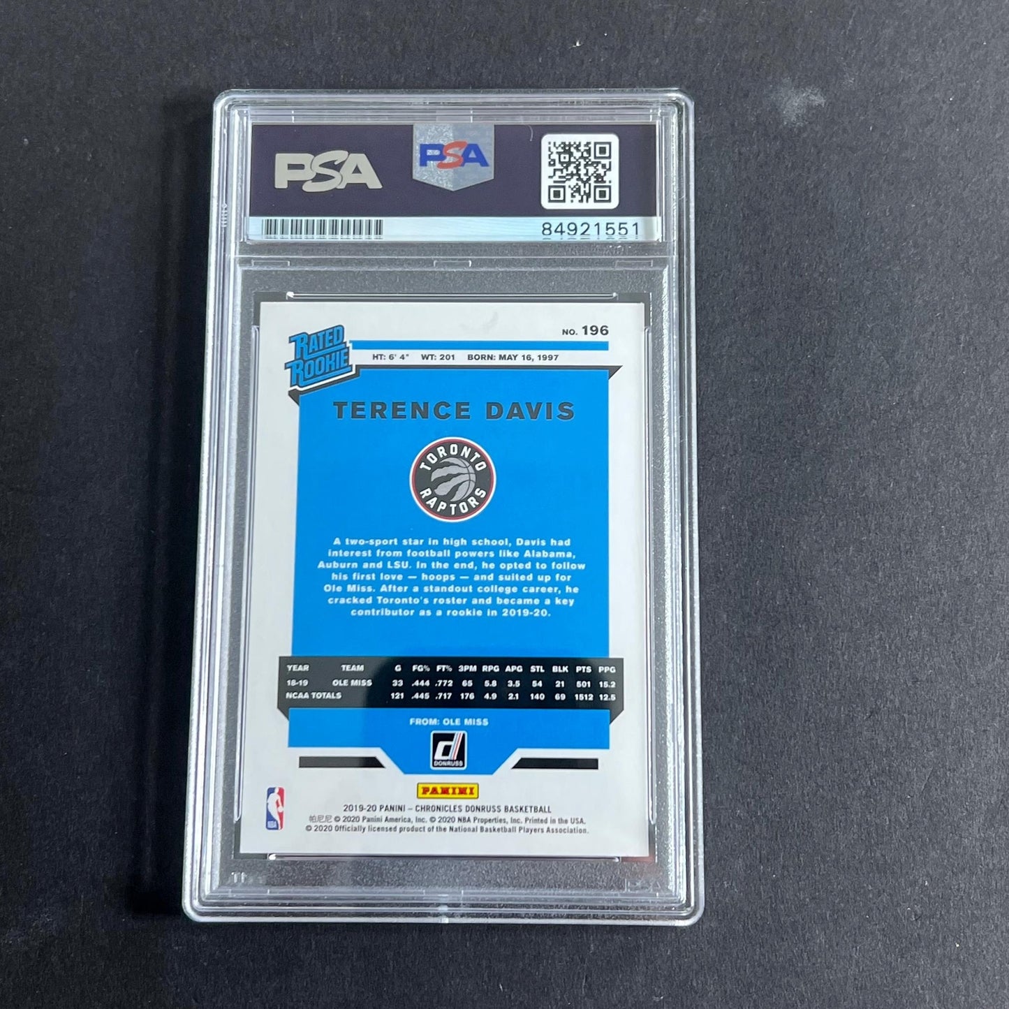 2019-20 DonRuss Rated Rookie #196 Terence Davis Signed Card AUTO 10 PSA Slabbed