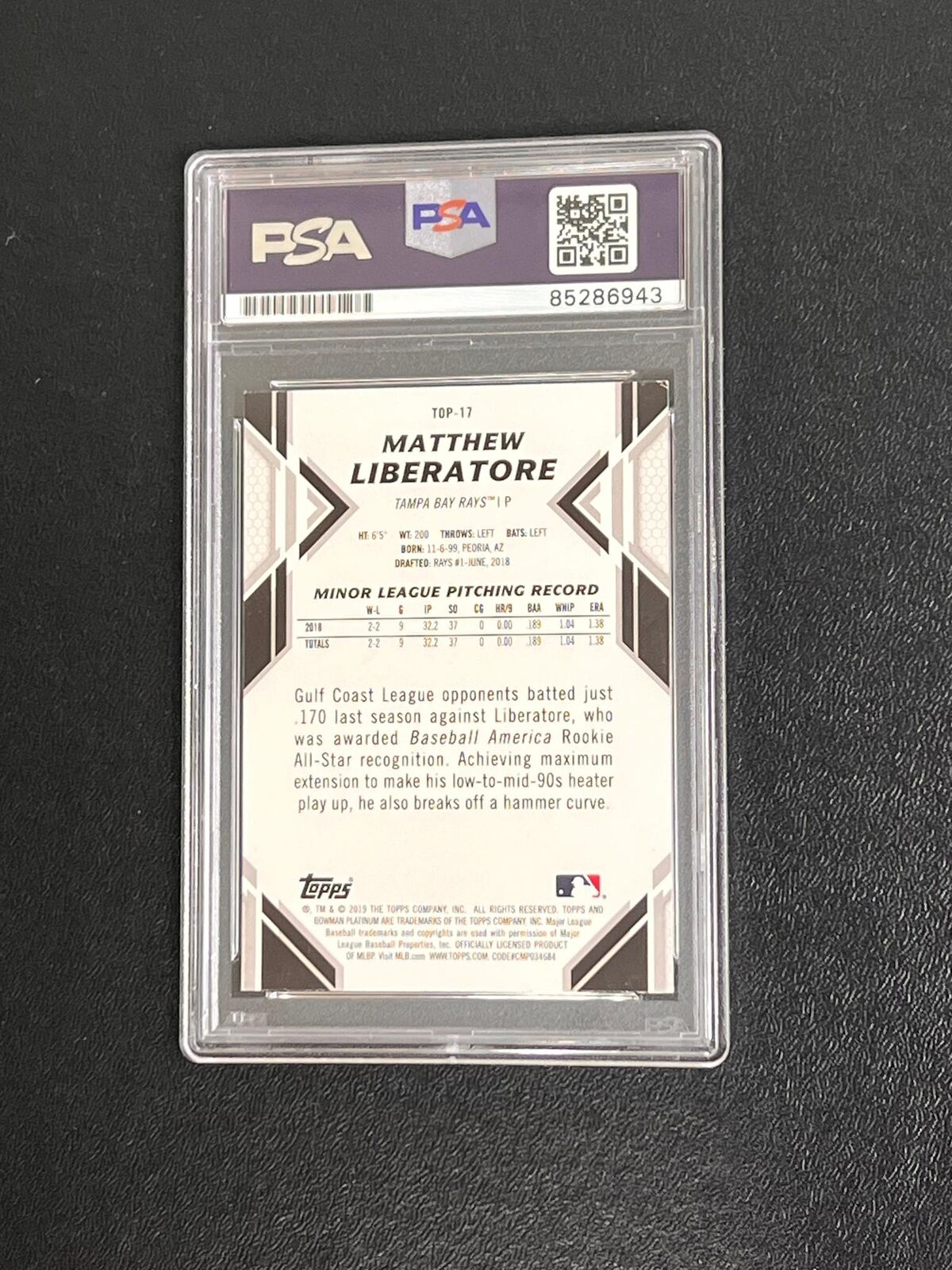 2019 Topps Bowman Platinum #TOP-17 Matthew Liberatore Signed Card AUTO PSA/DNA S