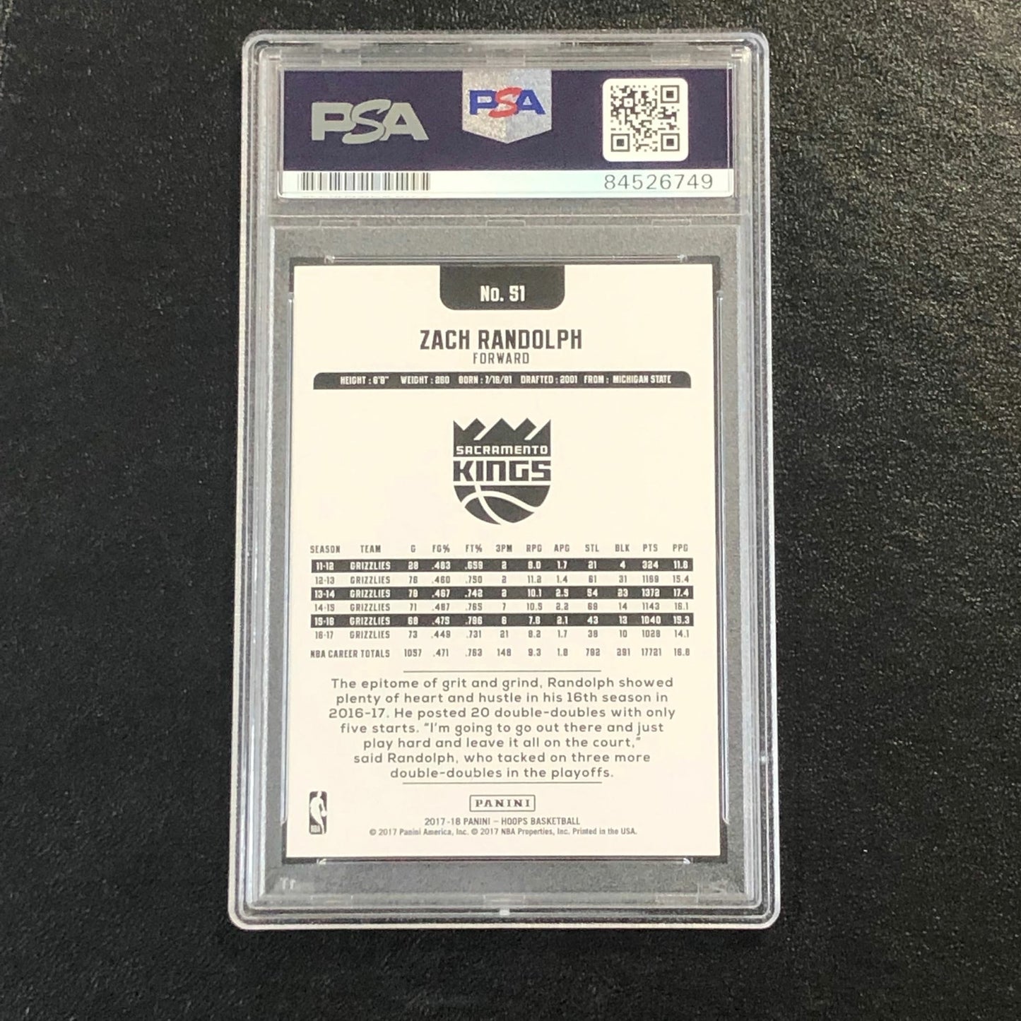2017-18 NBA Hoops #51 Zach Randolph signed Card Auto PSA Slabbed Kings