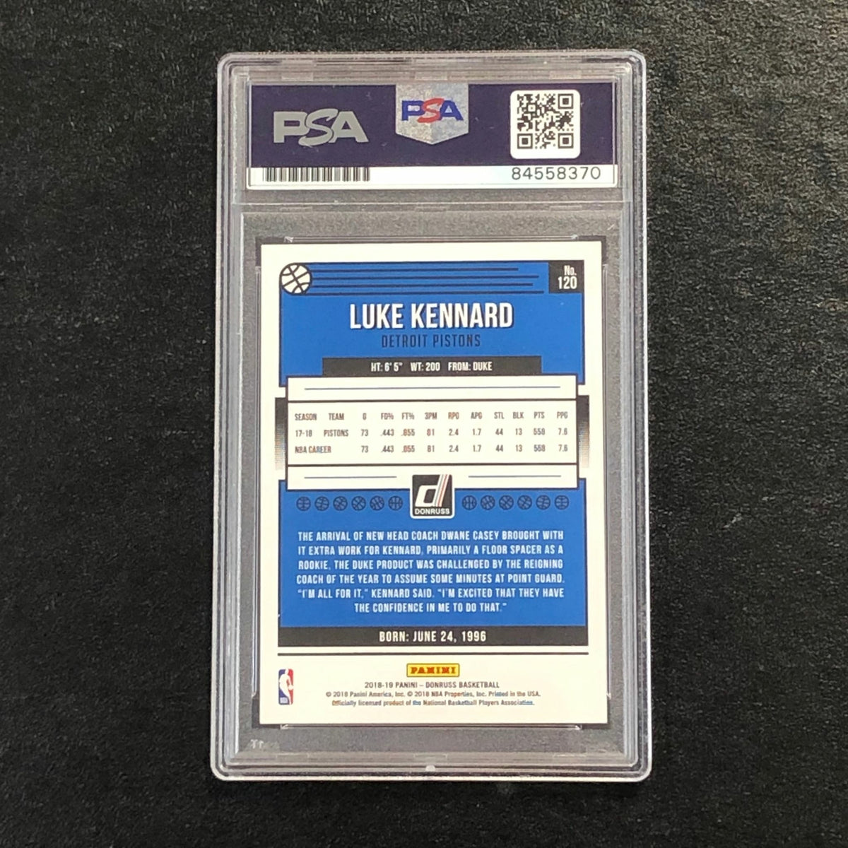 2018-19 Panini Donruss #120 Luke Kennard Signed Card AUTO PSA Slabbed Pistons