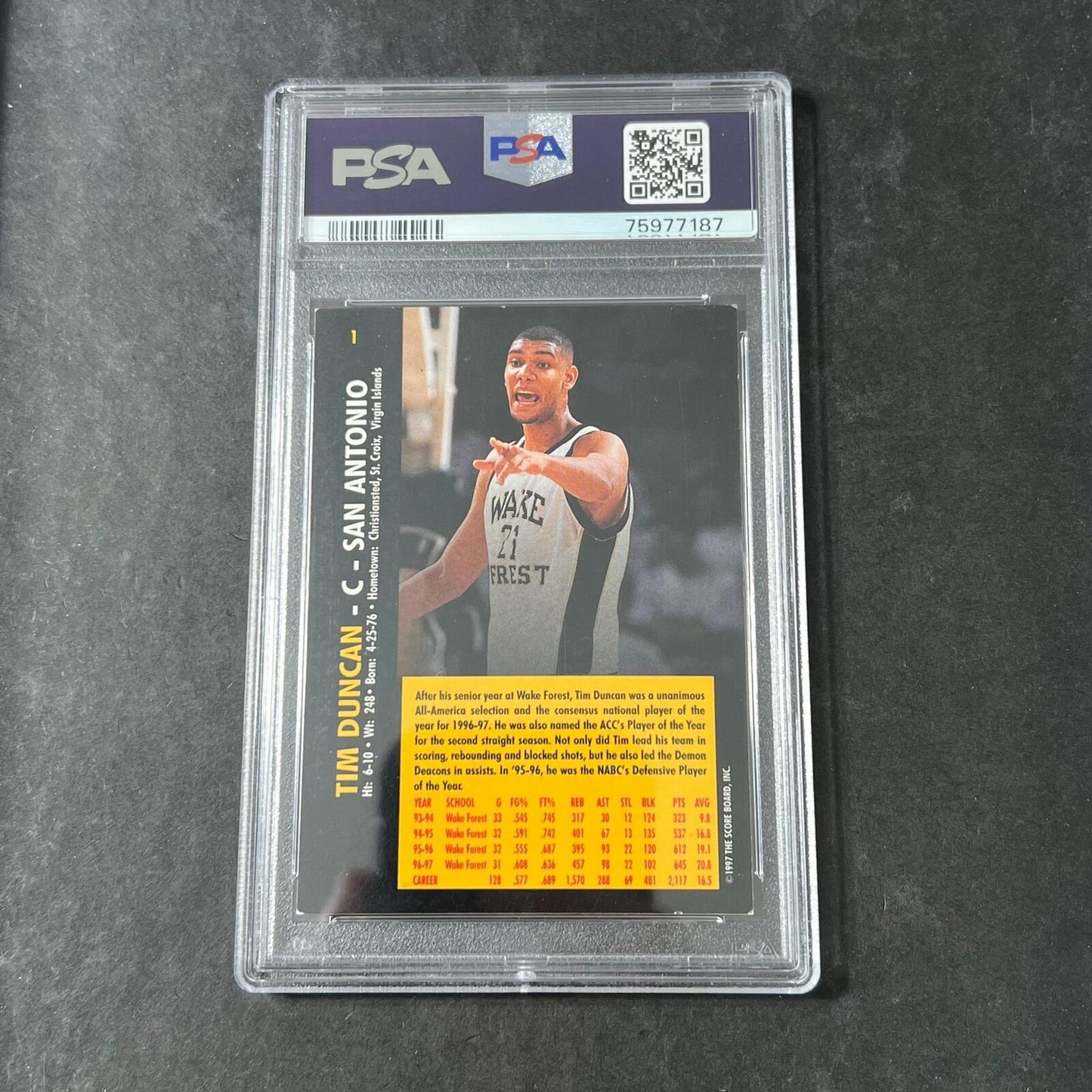 1997 Basketball Rookies #1 Tim Duncan Signed Card AUTO PSA/DNA Slabbed Autograph