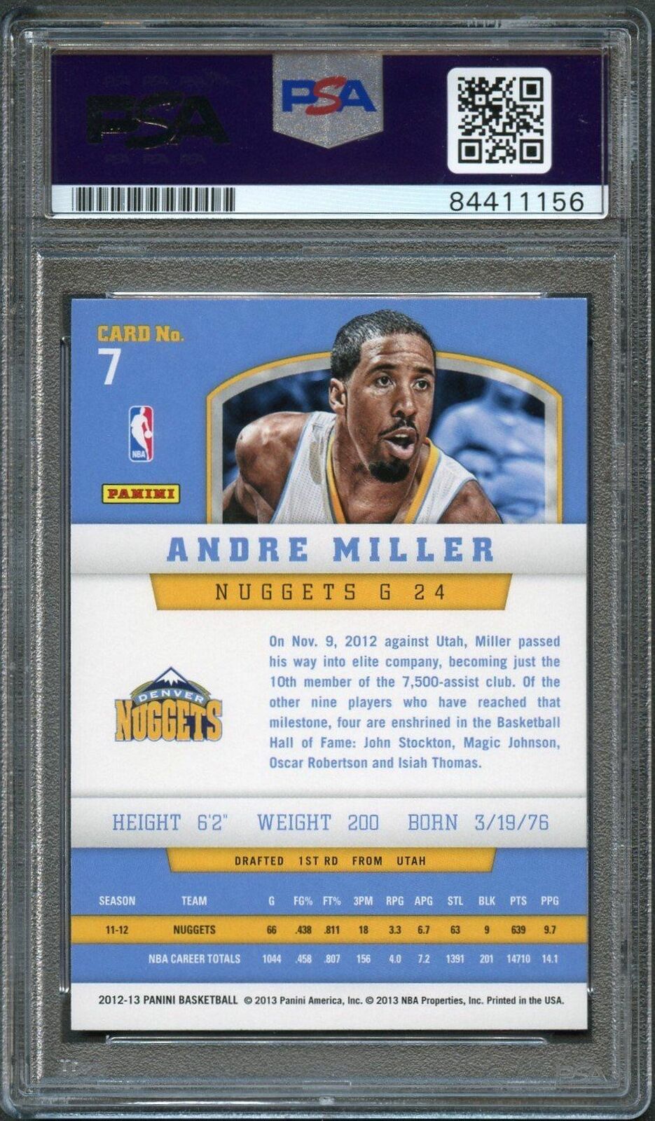 2012-13 Panini Basketball #7 Andre Miller Signed AUTO 10 PSA Slabbed Nuggets