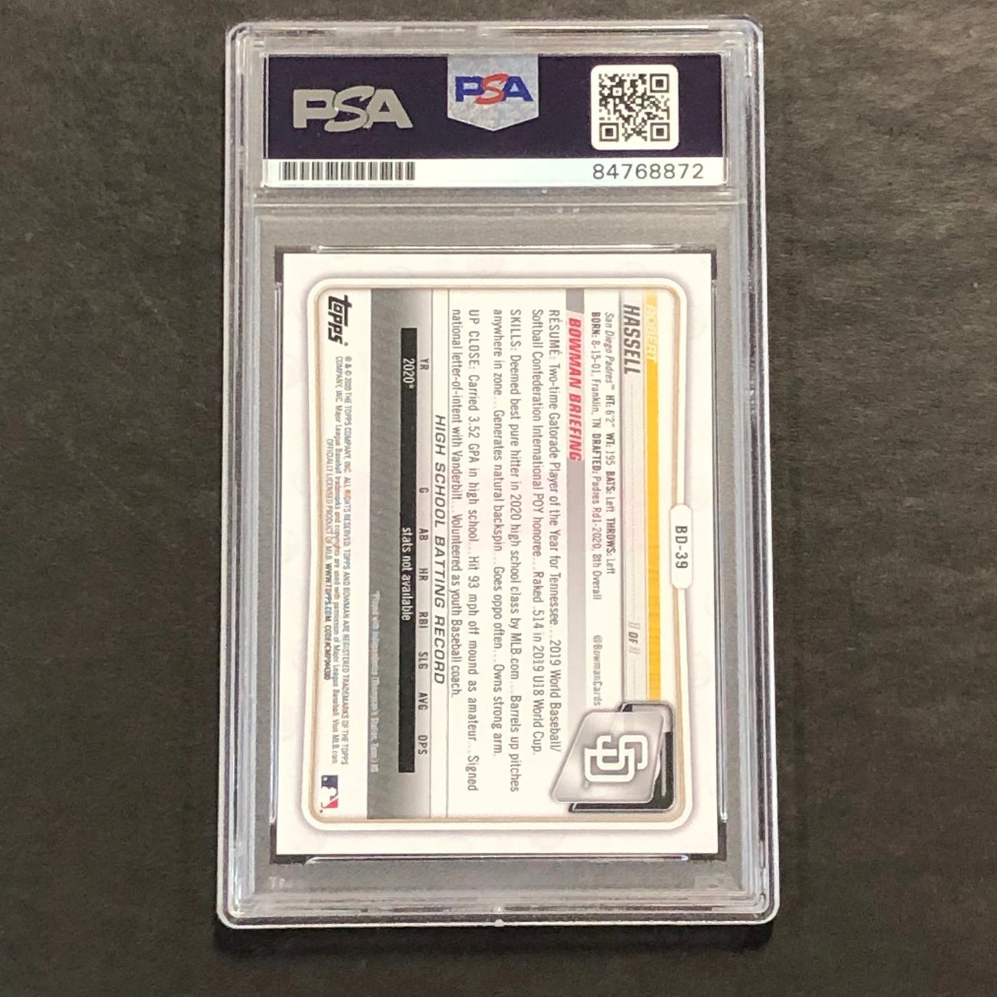 2021 1st Bowman Baseball #BD-39 Robert Hassell Signed Card PSA Slabbed Auto Padr