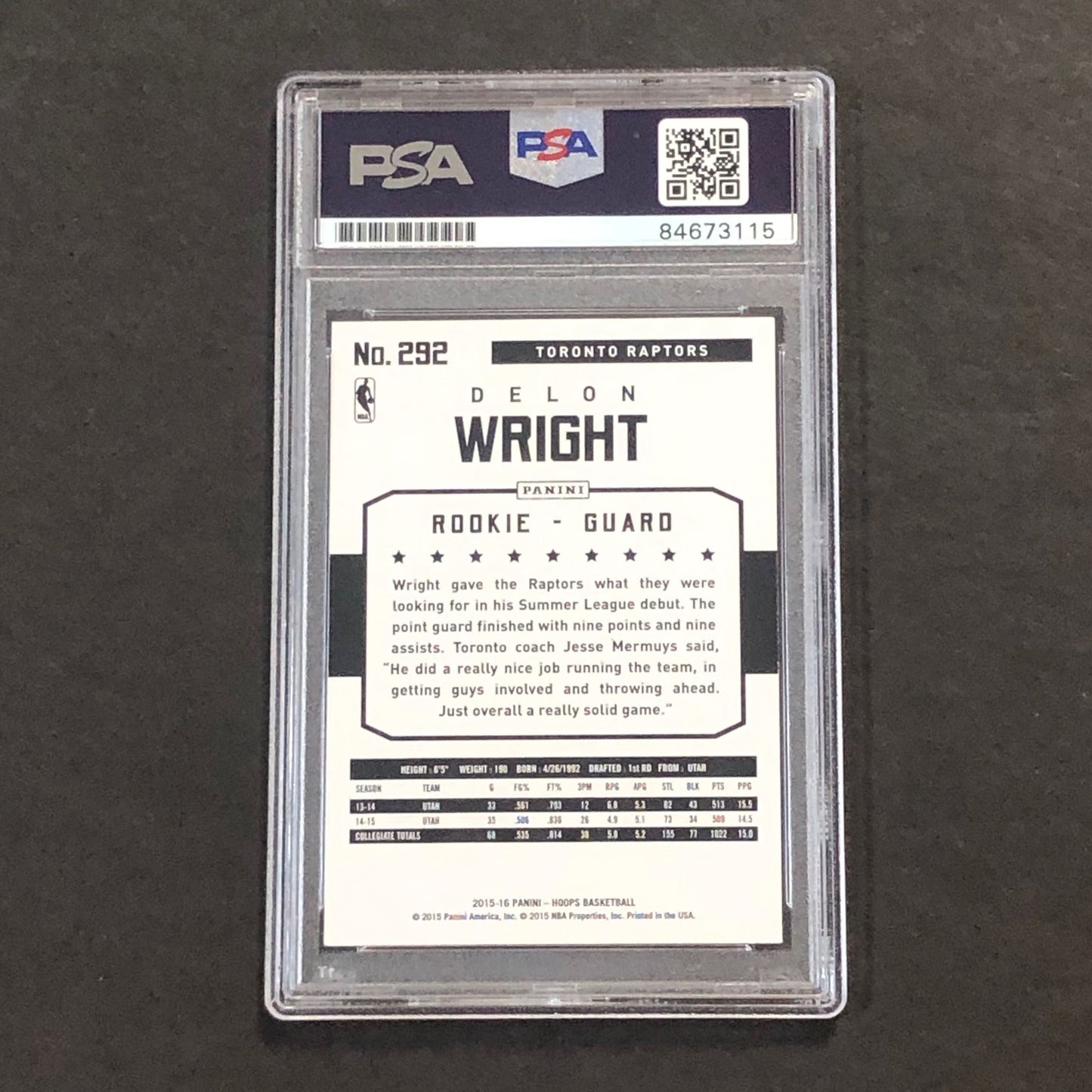 2015-16 NBA Hoops #292 Delon Wright Signed Card AUTO GRADE 10 PSA Slabbed RC Rap