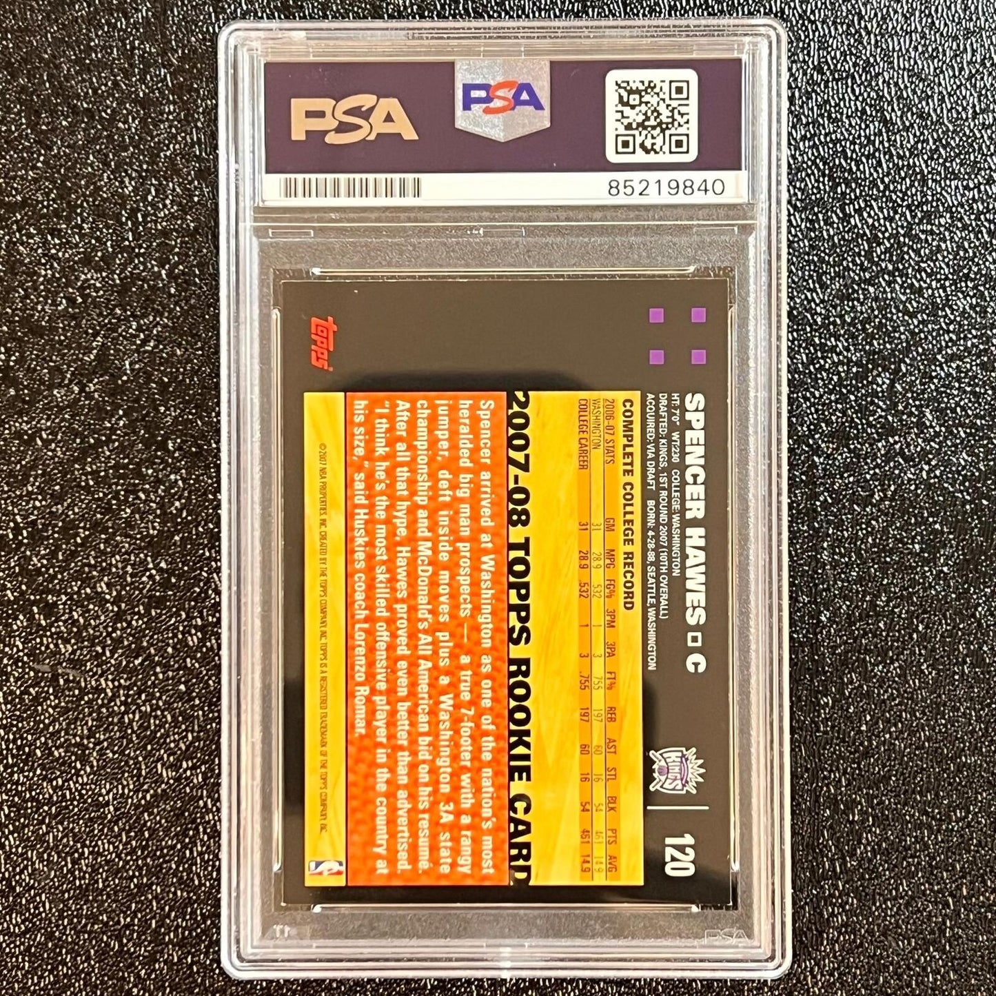 2007 Topps #120 Spencer Hawes Signed Card AUTO PSA/DNA Slabbed Kings