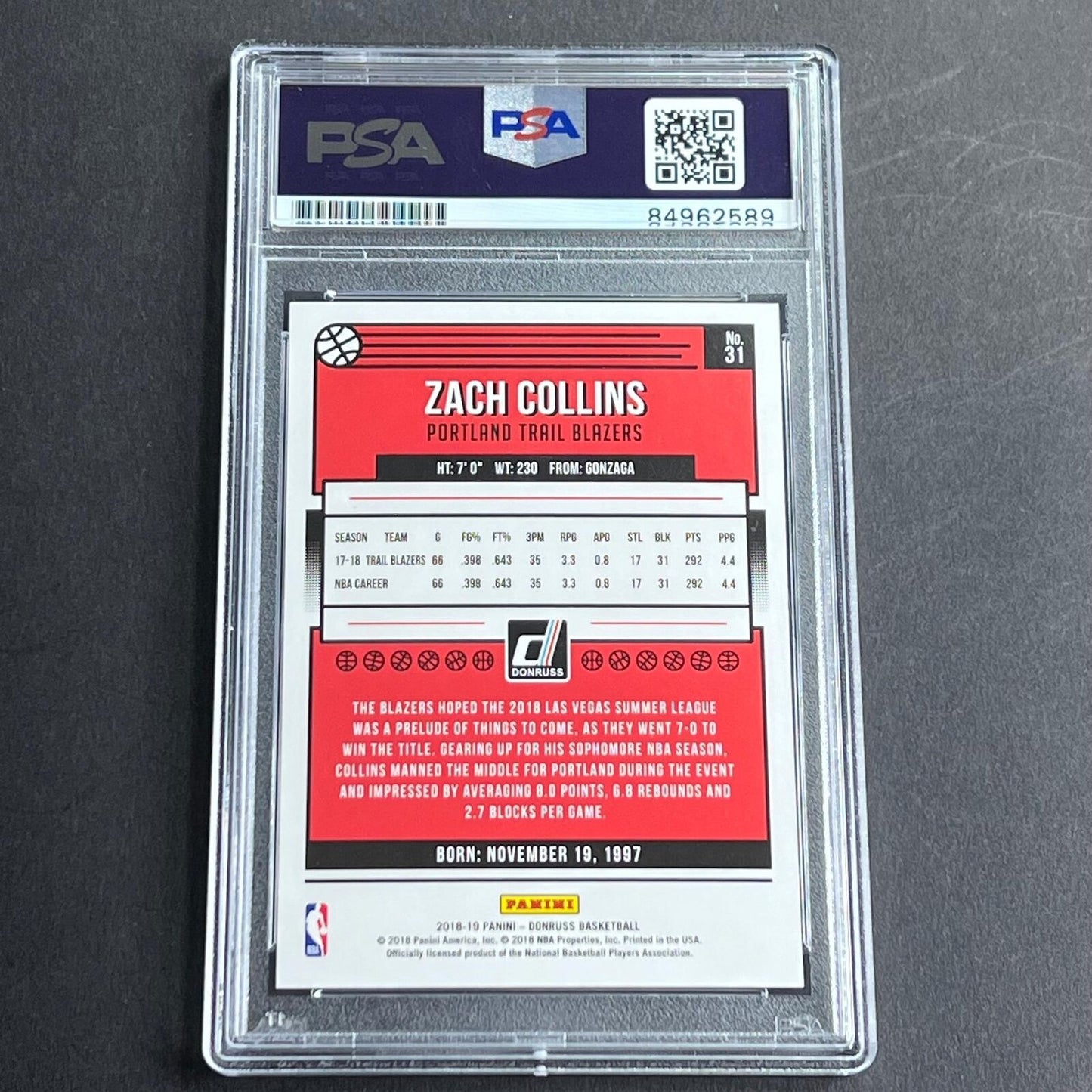 2018-19 Panini Donruss #31 ZACH COLLINS Signed Card AUTO Grade 10 PSA Slabbed Bl