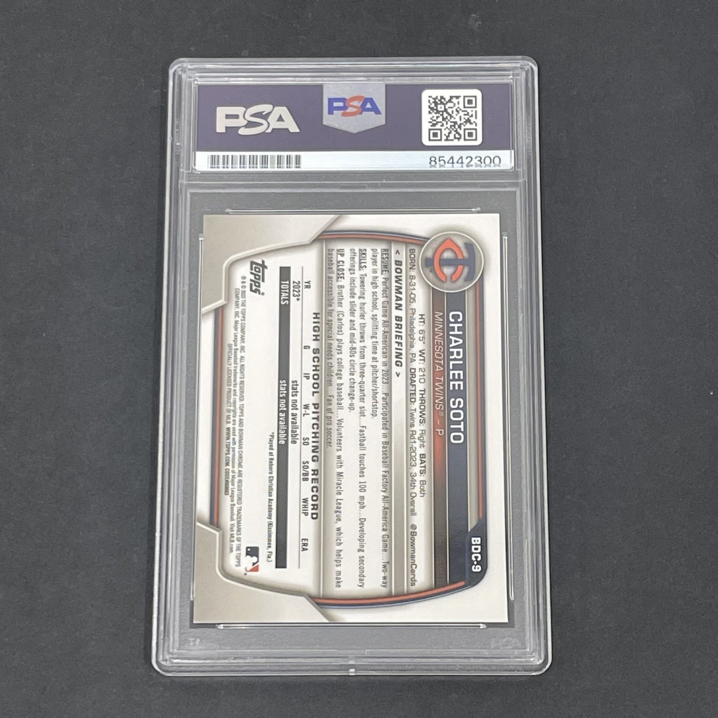 2023 Bowman Chrome Draft #BDC-9 Charlee Soto Sapphire signed card PSA Auto 10