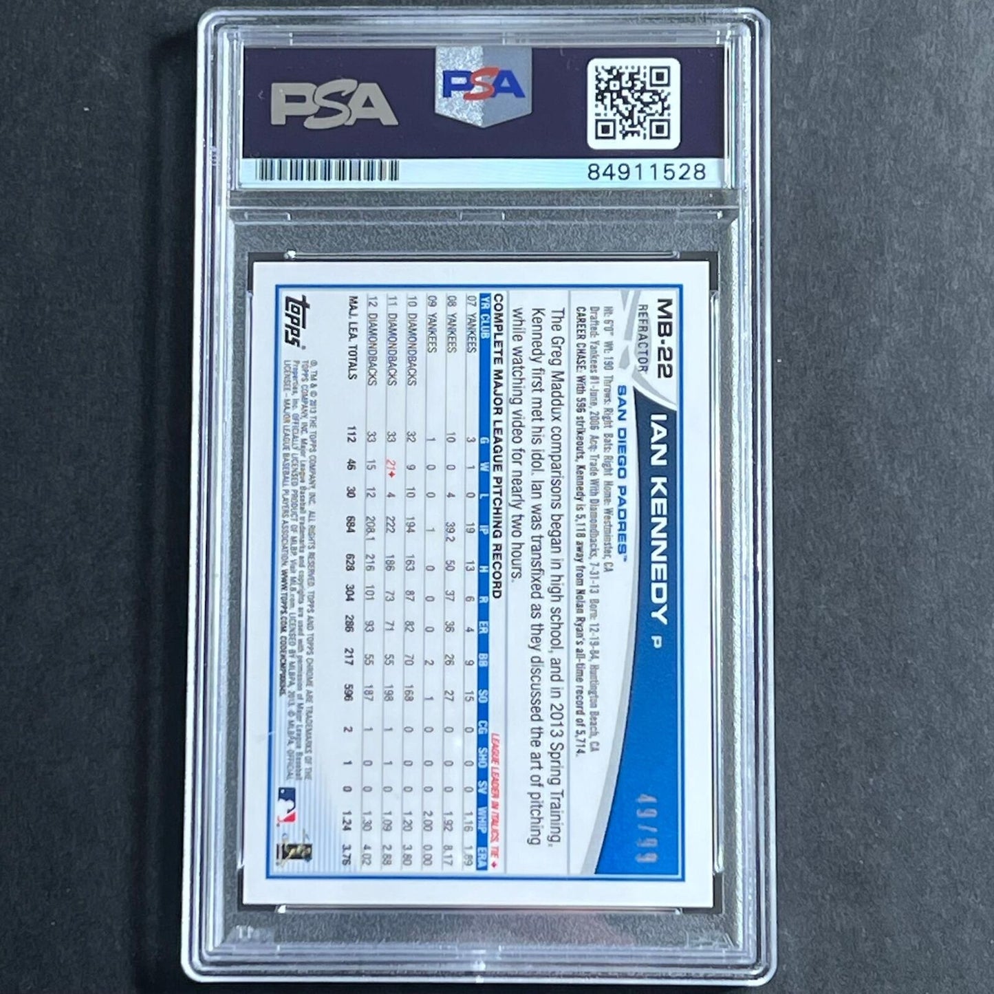 2013 Topps Chrome #MB-22 Ian Kennedy Signed Card PSA Slabbed Auto Grade 10 Padre