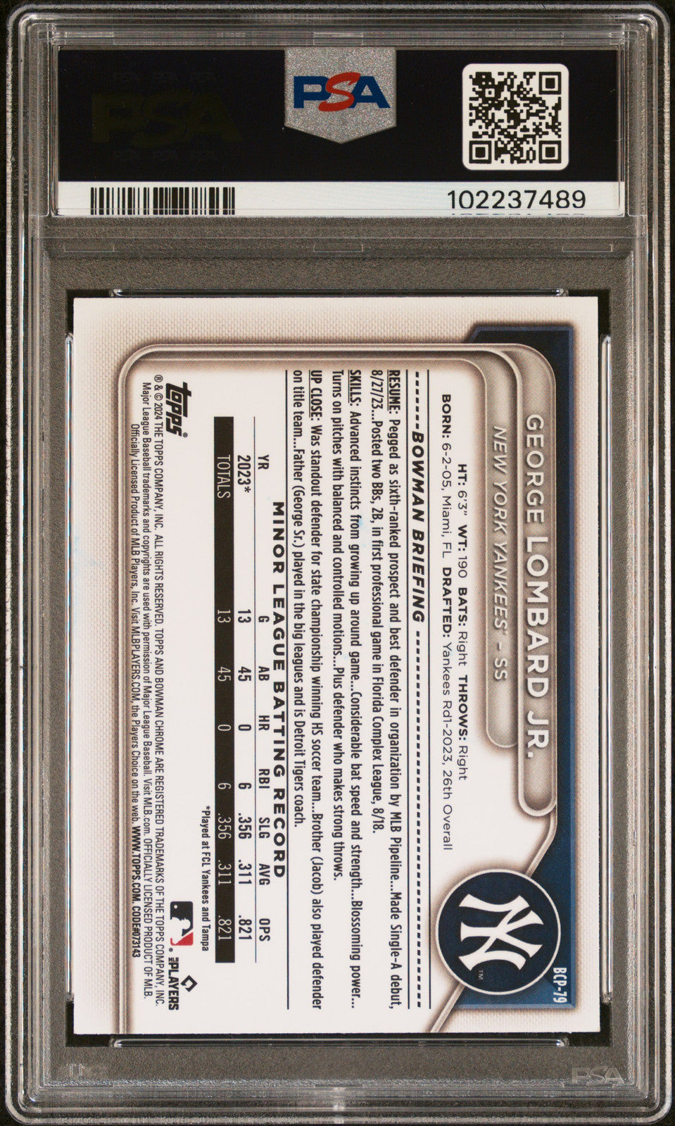 2024 Bowman Chrome Prospects #BCP79 George Lombard JR. PSA A Auto 10