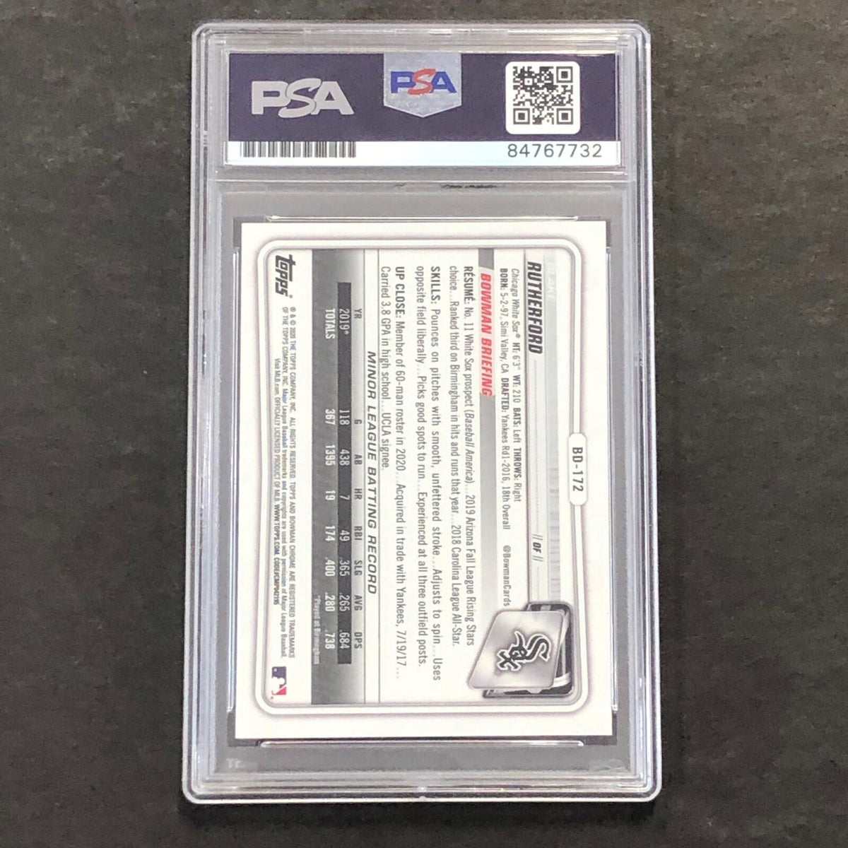 2020 Bowman Draft #BD-172 Blake Rutherford Signed Card PSA Slabbed Auto White So