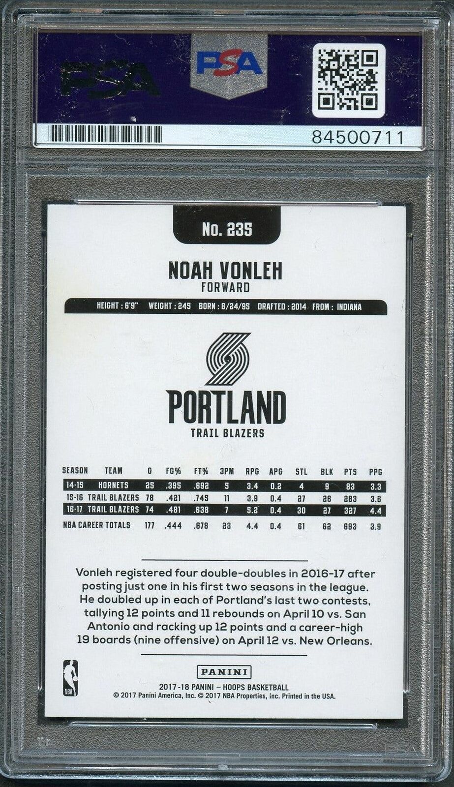 2017-18 NBA Hoops #235 Noah Vonleh Signed Card AUTO 10 PSA/DNA Slabbed Portland