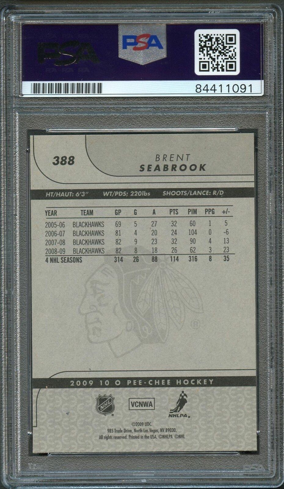 2009-10 O-Pee-Chee Hockey #388 Brent Seabrook Signed Card AUTO 10 PSA slabbed Bl