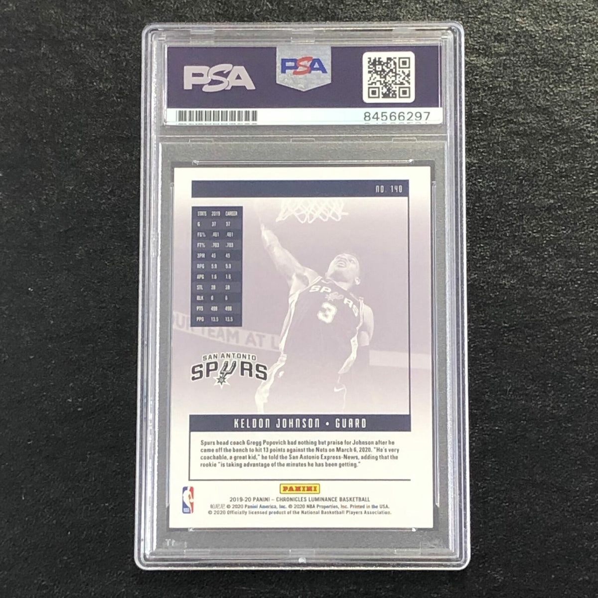 2019-20 Panini Chronicles Luminance #140 Keldon Johnson Signed Card Auto 10 PSA