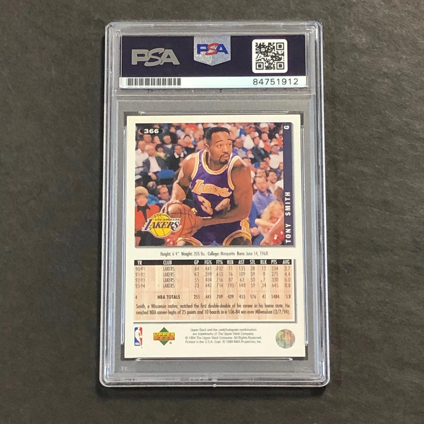 1994-95 Upper Deck #366 Tony Smith Signed Card Auto PSA Slabbed Lakers