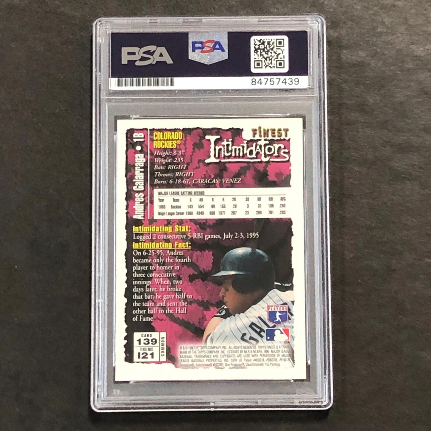 1996 Topps Finest Intimidators #139 Andres Galarraga Signed Card PSA Slabbed Aut