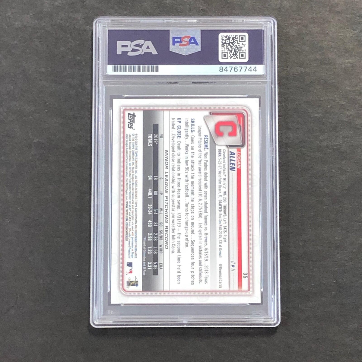 2020 Bowman #35 Logan Allen Signed Card PSA Slabbed Auto Guardians