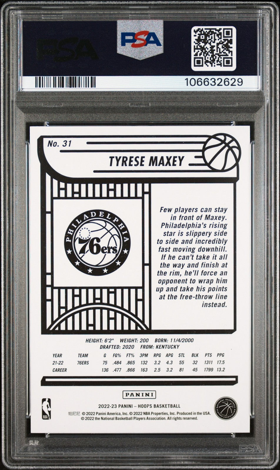 2022 Panini NBA Hoops #31 Tyrese Maxey signed card PSA 9 Auto 10