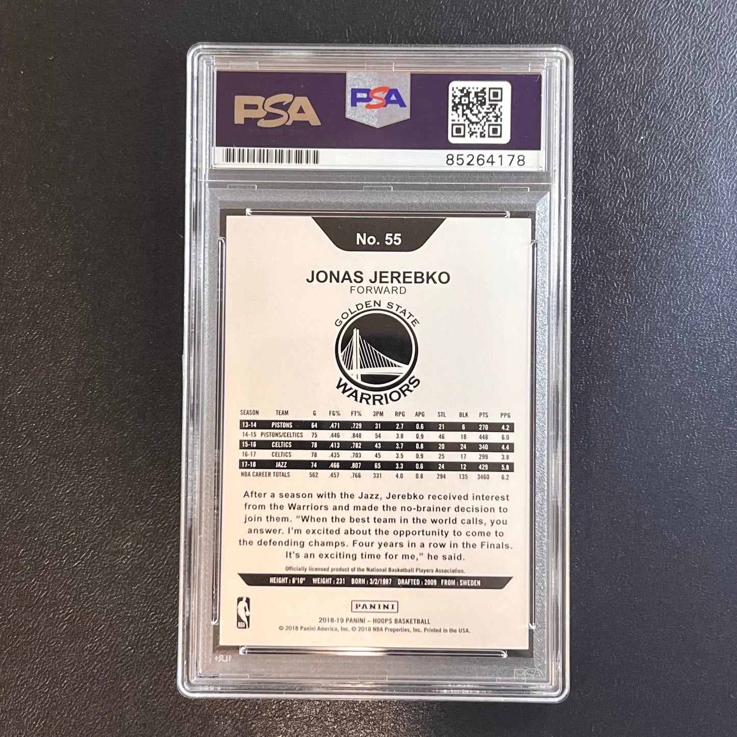 2018-19 Panini Hoops #55 Jonas Jerebko Signed Card AUTO PSA Slabbed Warriors