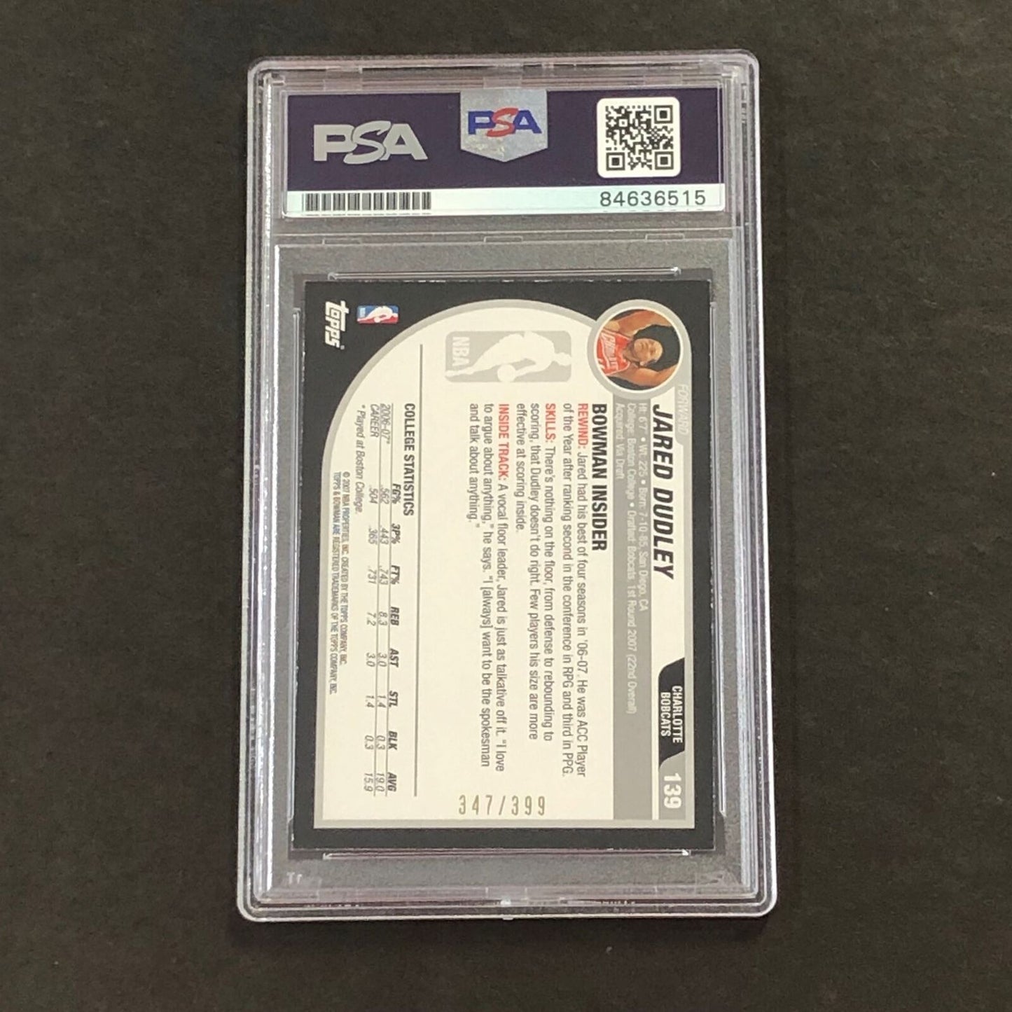 2007-08 BOWMAN CHROME #139 Jared Dudley Signed Card AUTO 347/399 PSA Slabbed Bob