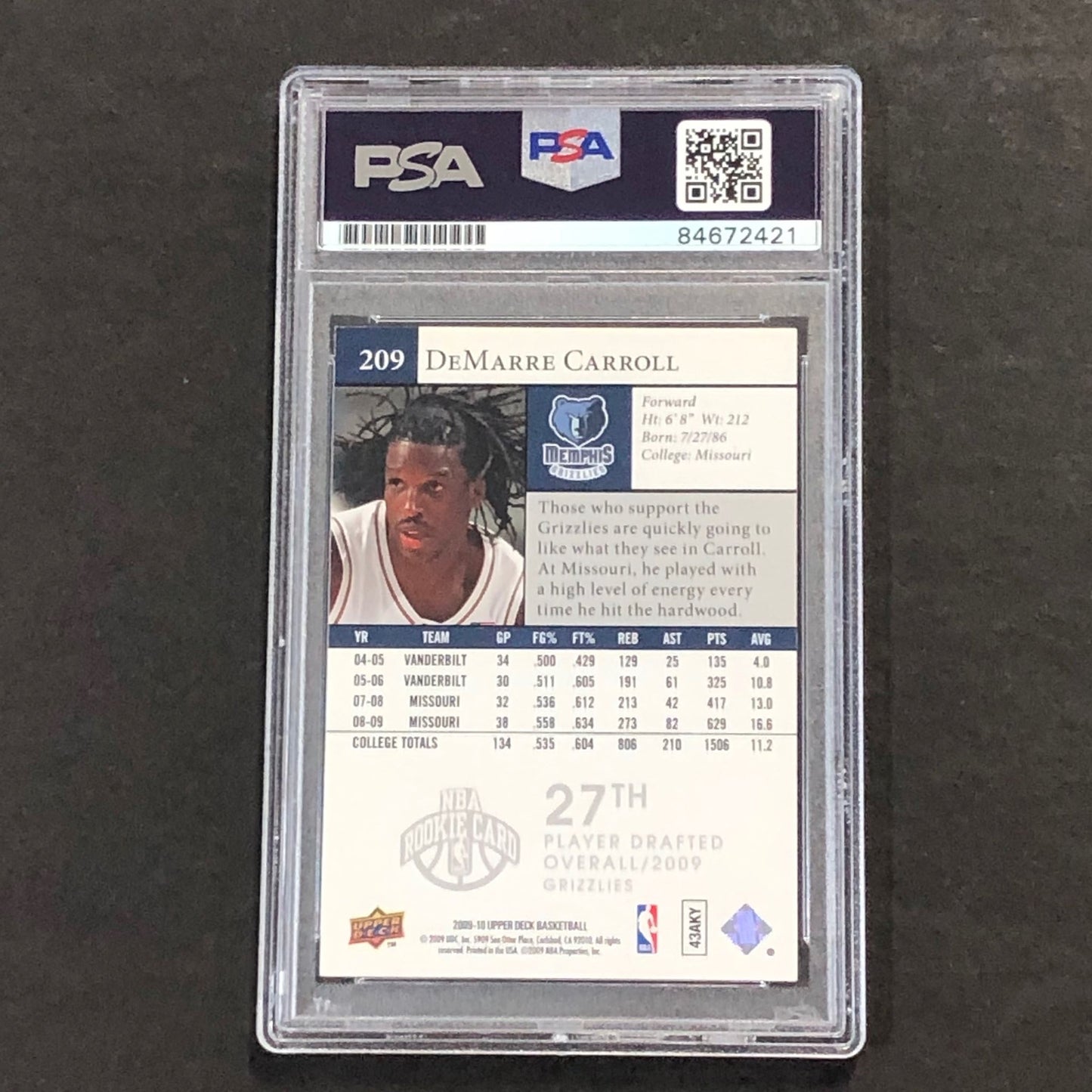 2009-10 Upper Deck Star Rookies #209 DeMarre Carroll Signed Card PSA Slabbed Gri