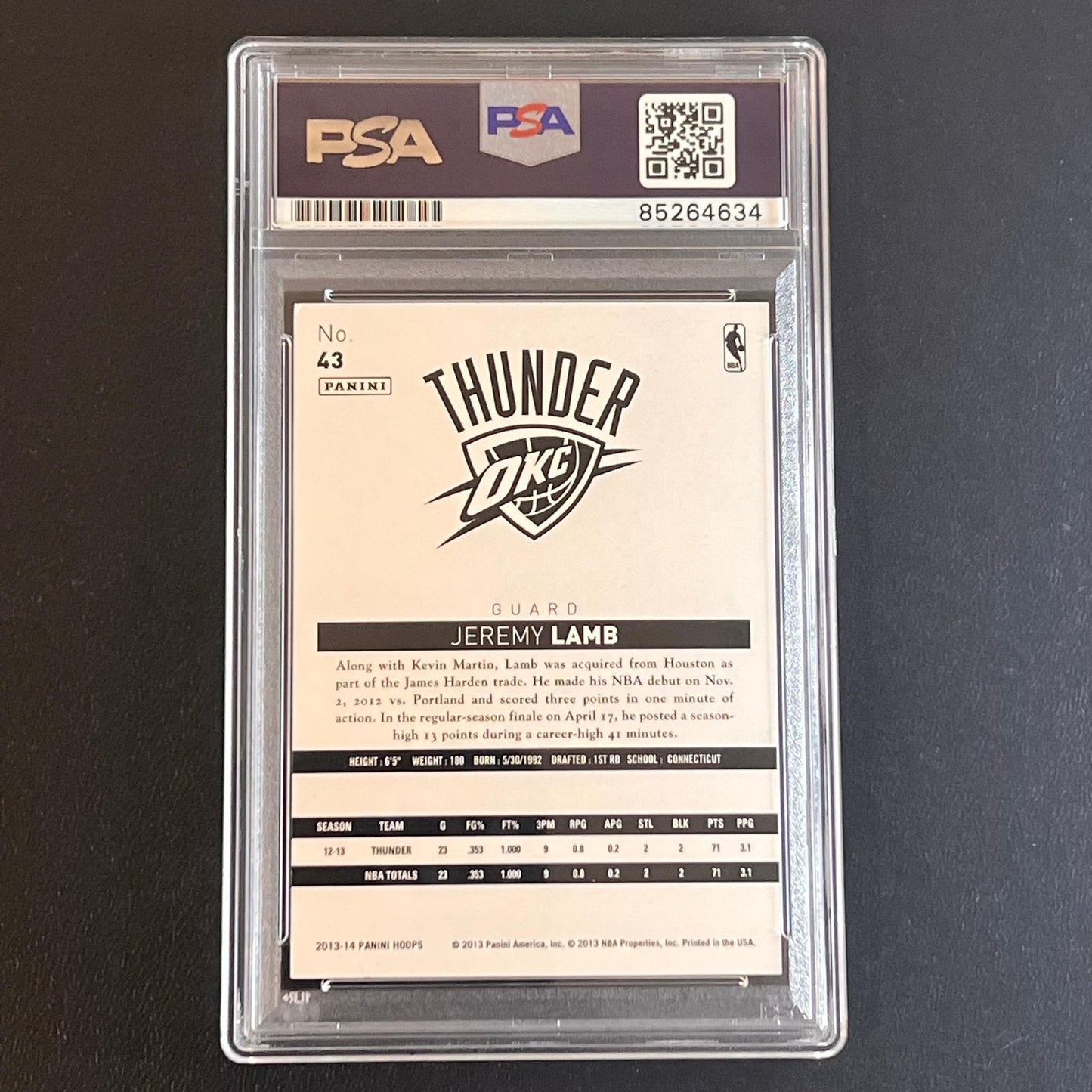 2013-14 Panini NBA Hoops #43 Jeremy Lamb Signed Card AUTO PSA/DNA Slabbed Thund