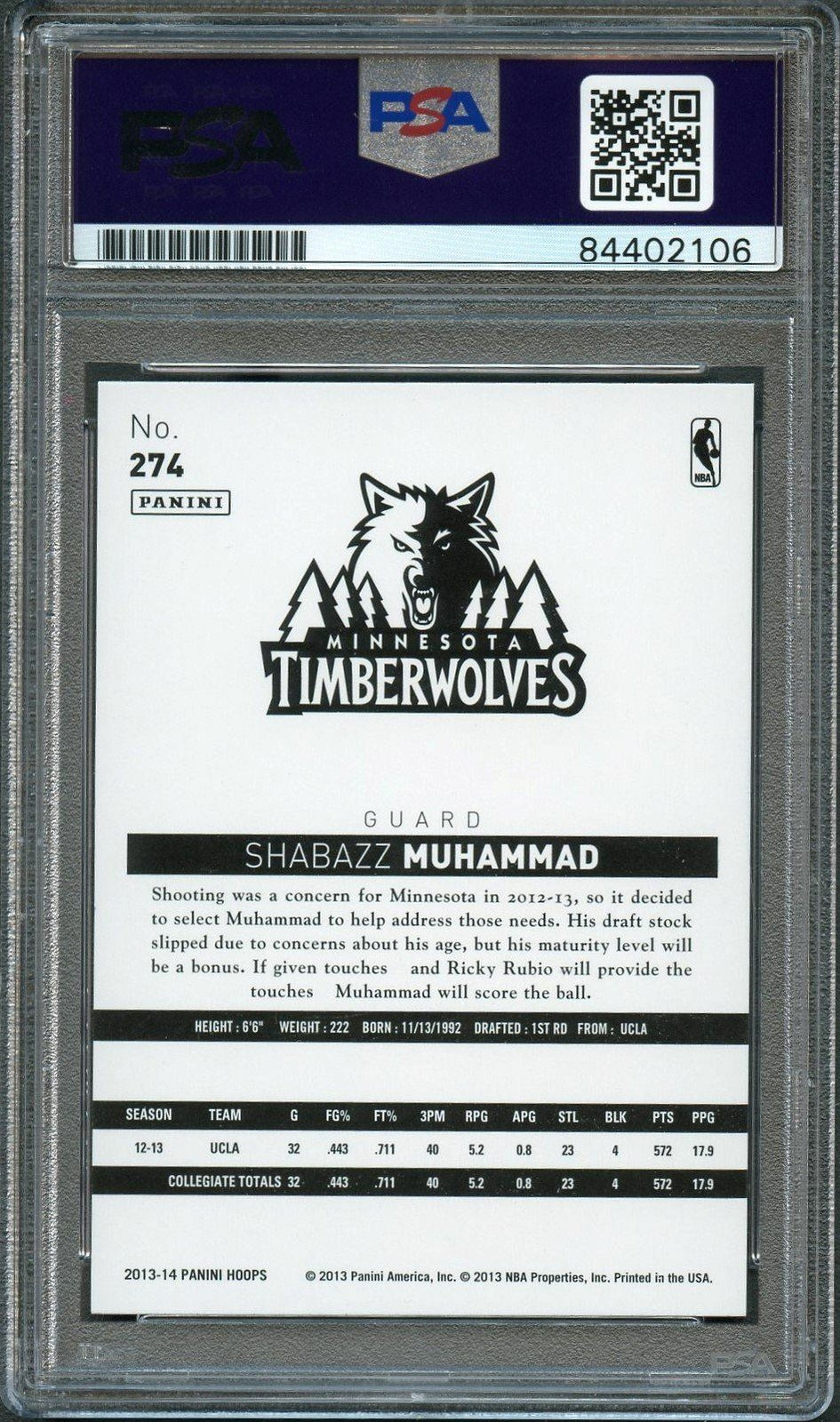 2013-14 NBA Hoops #274 Shabazz Muhammad Signed Rookie Card AUTO PSA Slabbed RC T