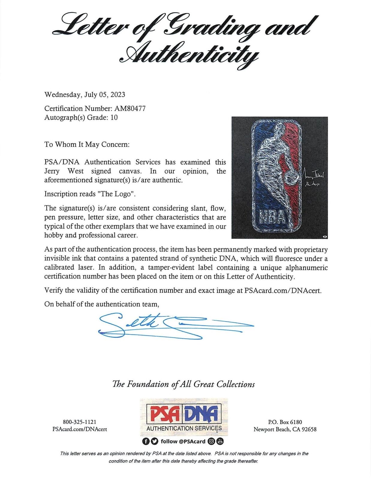 Jerry West Signed 30x24 Original Canvas Painting PSA Auto Grade 10 The Logo Lake