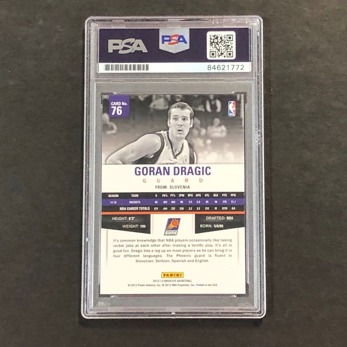 2012-13 Panini Absolute Basketball #76 Goran Dragic Signed Card AUTO 10 PSA/DNA