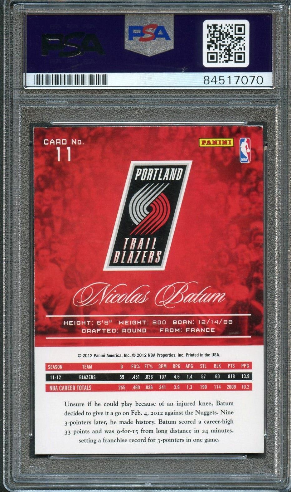 2012-13 Panini Prestige #11 Nicolas Batum Signed Card AUTO 10 PSA Slabbed Blazer