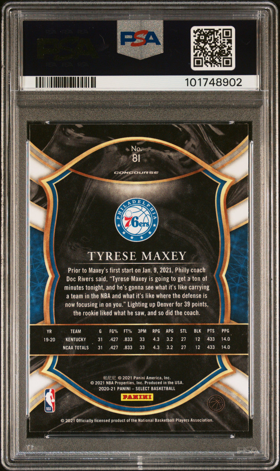 2020 Panini Select #81 Tyrese Maxey PSA A Auto 10