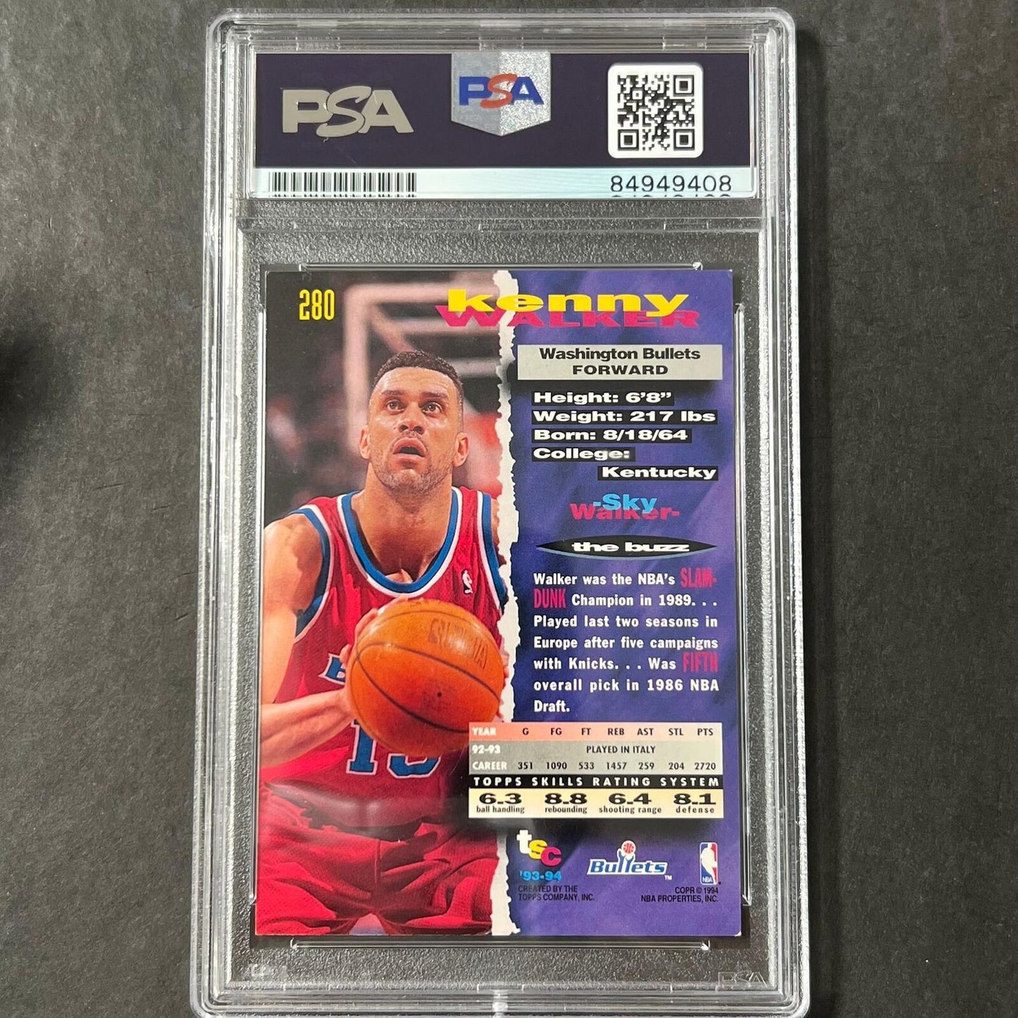 1993-94 Topps Stadium Club #280 Kenny Walker Signed Card AUTO PSA Slabbed Bullet
