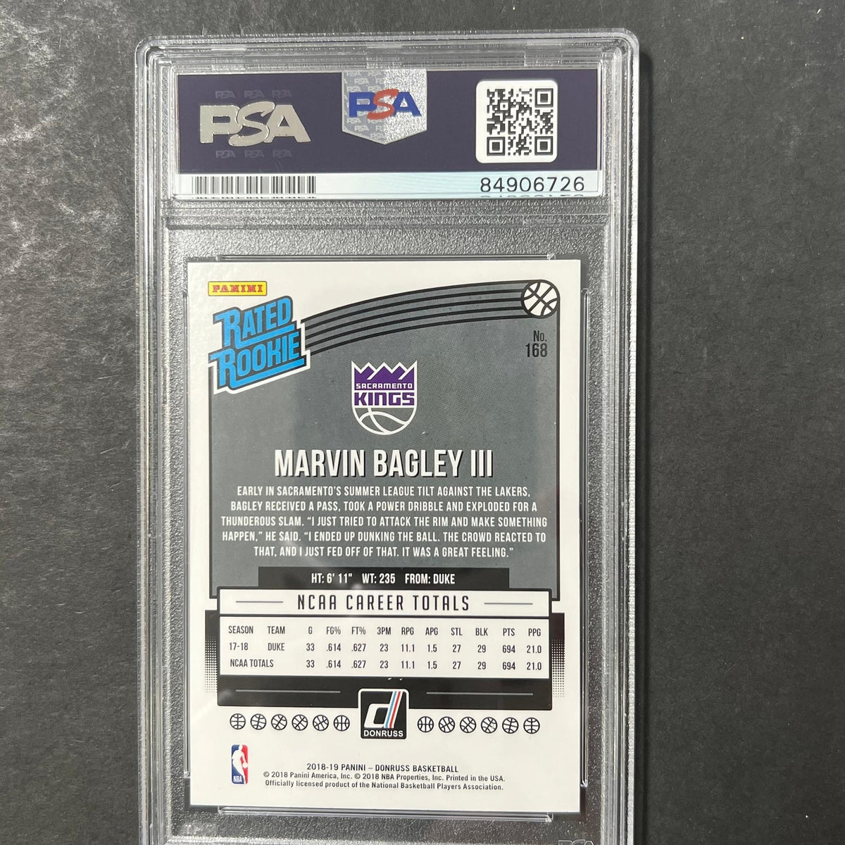 2018-19 Panini Donruss #168 Marvin Bagley III Signed Card PSA Slabbed AUTO Kings