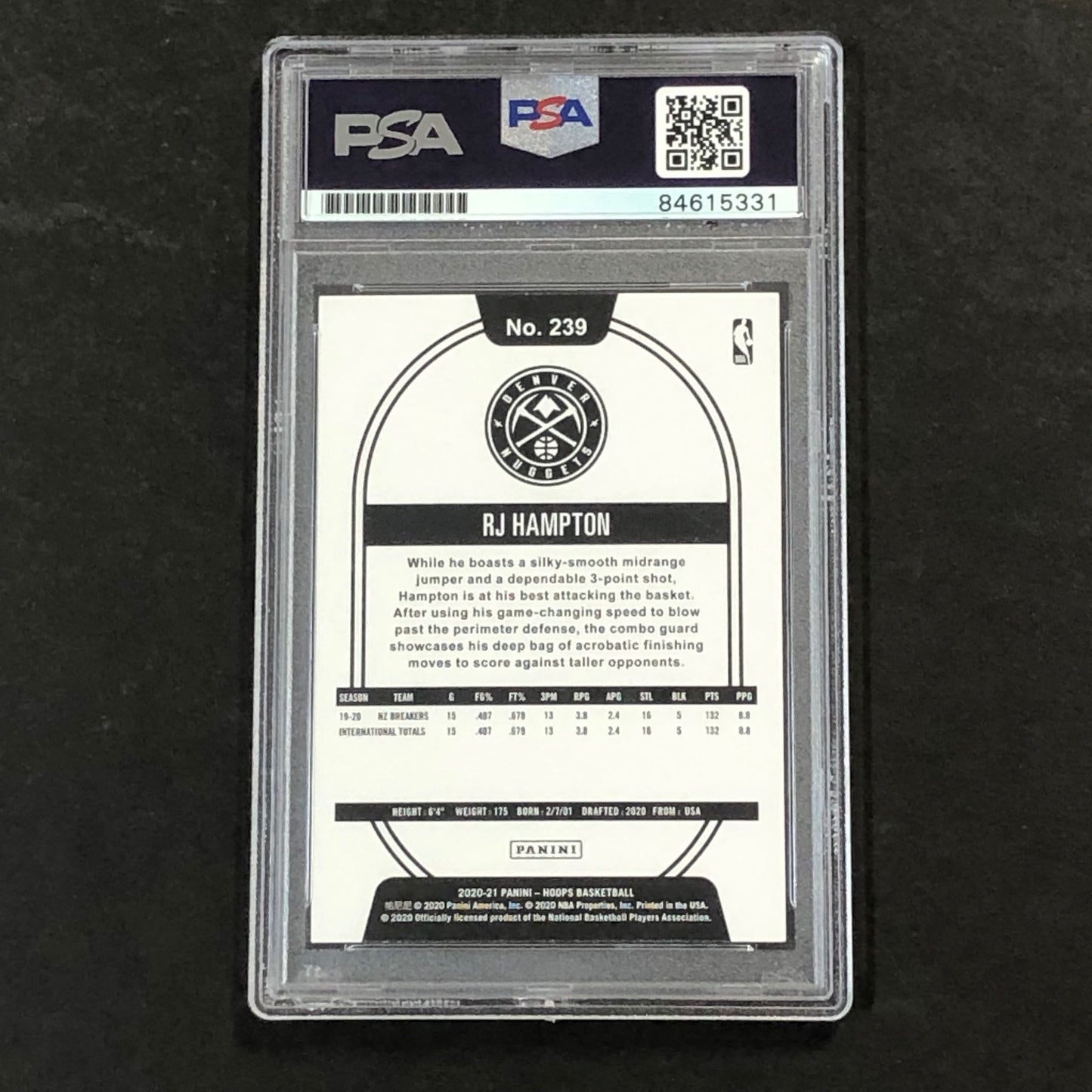 2020-21 NBA Hoops #239 RJ Hampton signed Auto 10 Card PSA/DNA Slabbed RC Nuggets