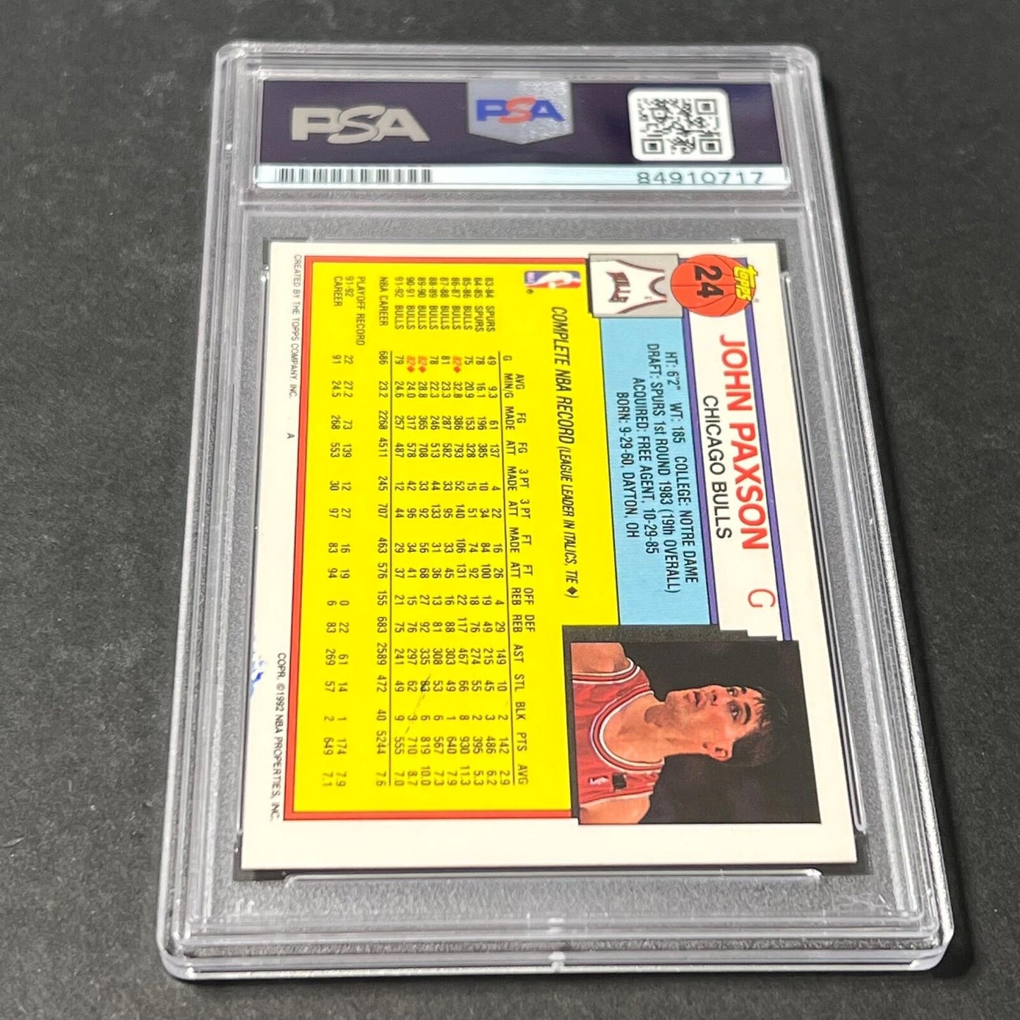 1992-93 Topps #24 John Paxson Signed Card AUTO Grade 10 PSA Slabbed Bulls