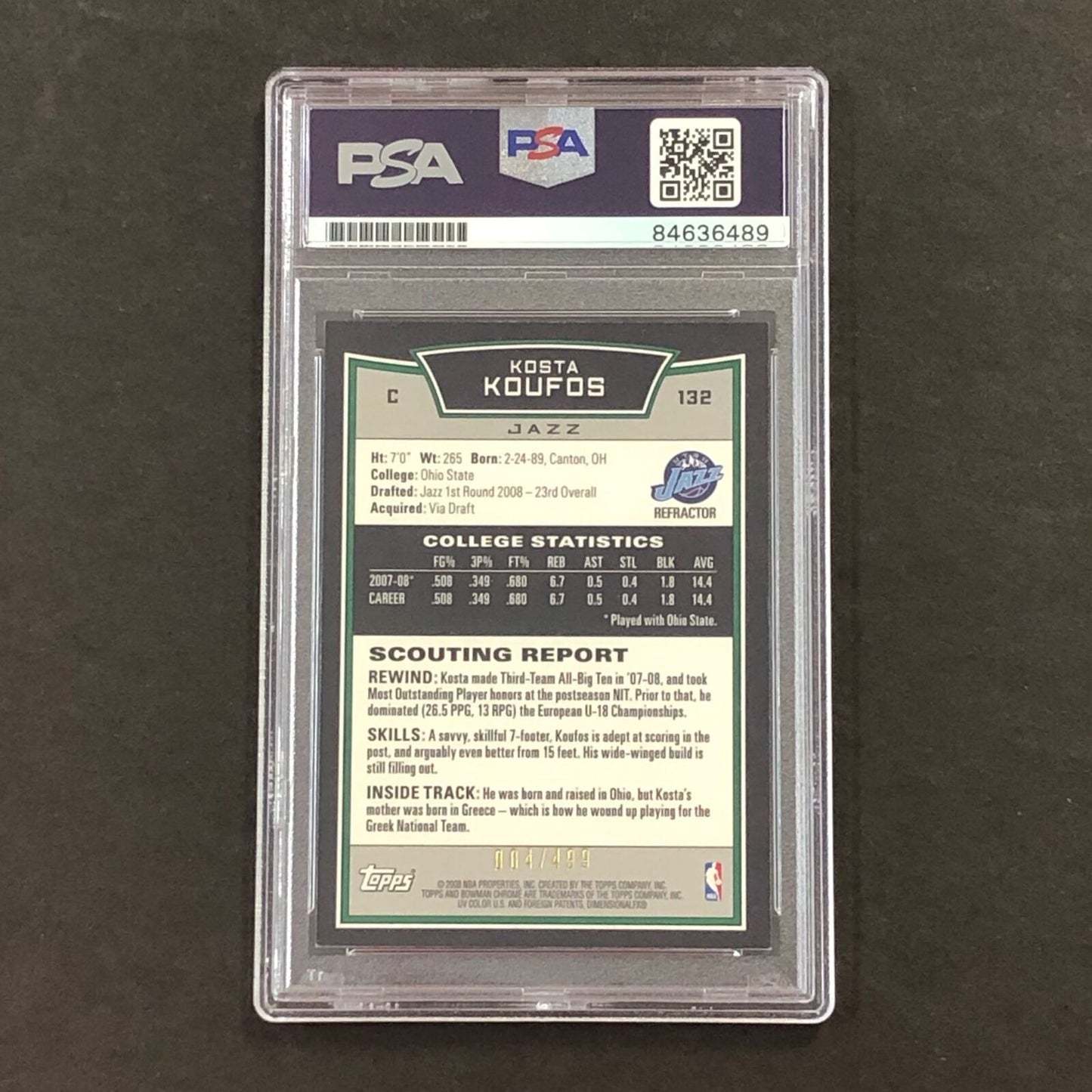 2008-09 Bowman Chrome #132 Kosta Koufos signed Card Auto PSA Slabbed RC Kings