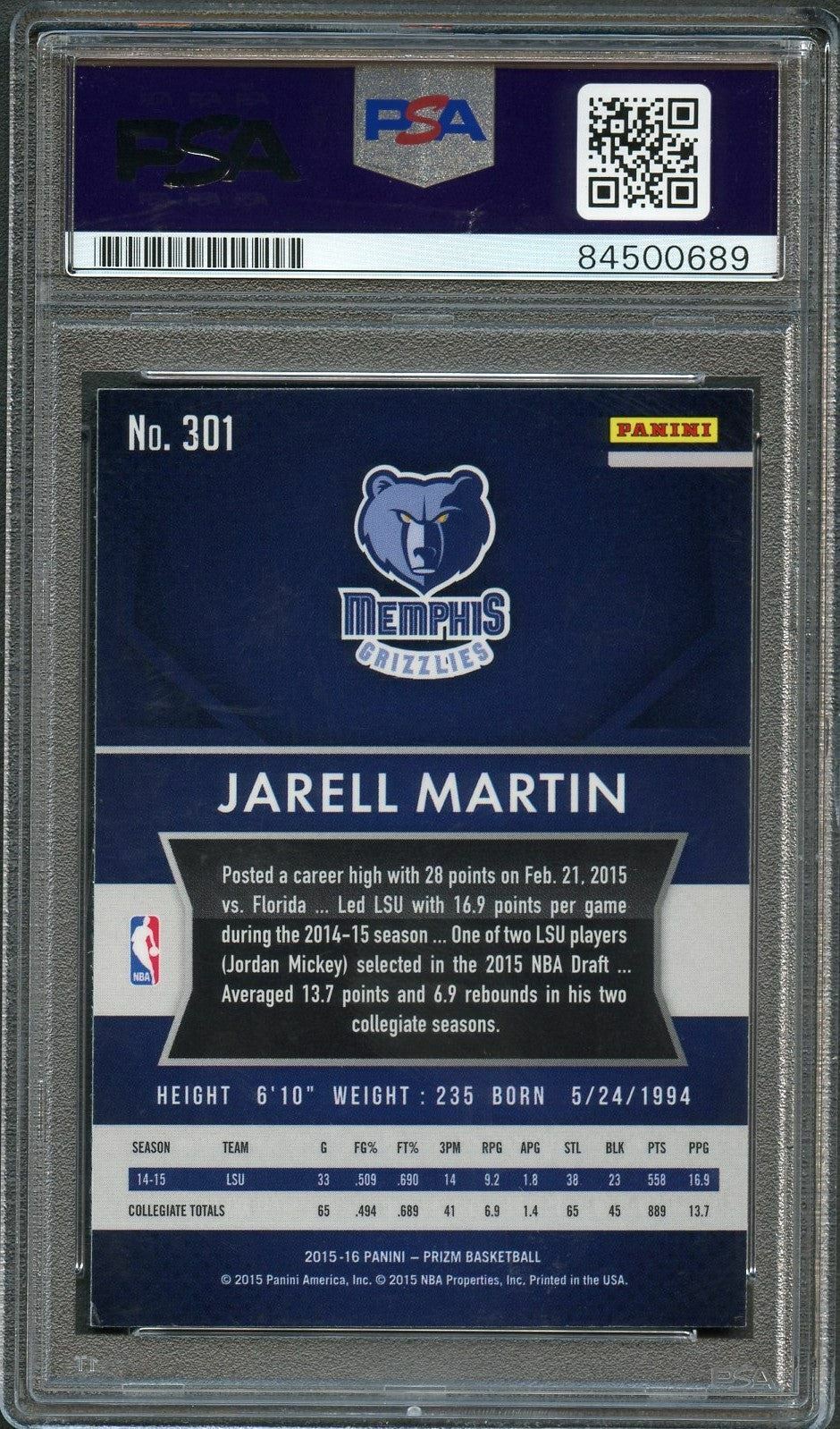 2015-16 Panini Prizm #301 Jarell Martin Signed Card AUTO 10 PSA Slabbed RC Grizz