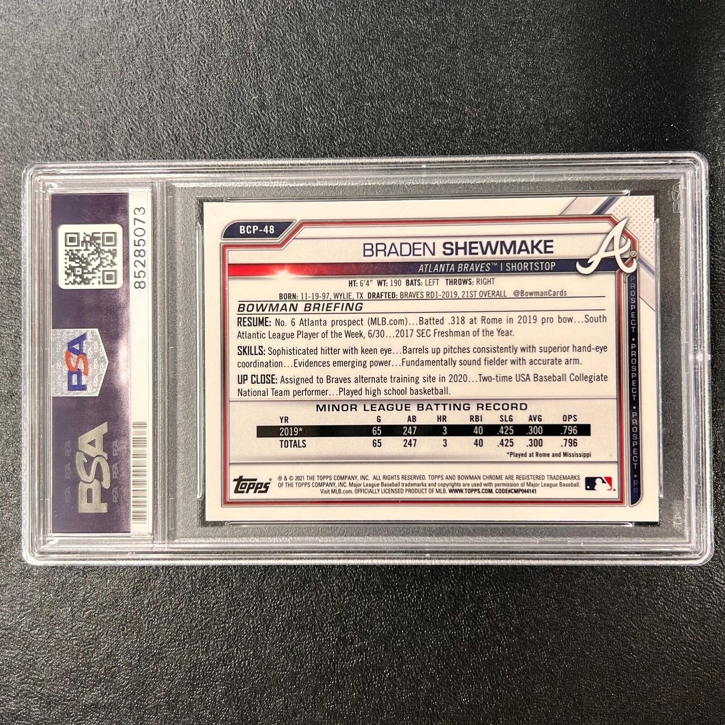 2021 Bowman Chrome #BCP-48 Braden Shewmake Signed Card Auto PSA/DNA Slabbed Brav