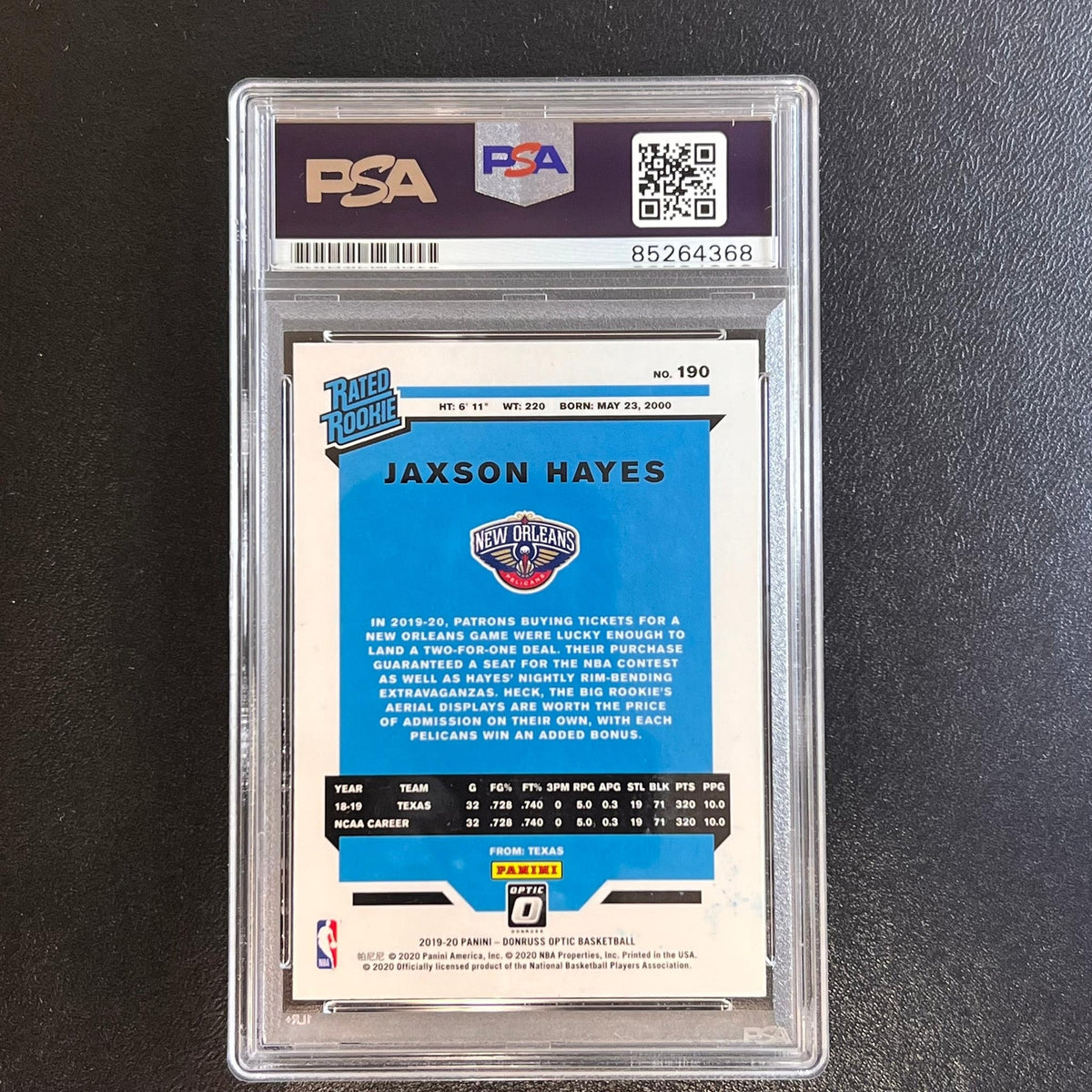 2019-20 Panini Donruss Optic Basketball #190 Jaxson Hayes Signed Card AUTO PSA S