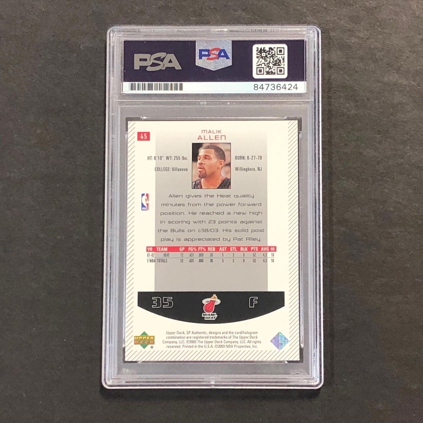 2002-03 Upper Deck SP Authentic #45 Malik Allen Signed Card AUTO PSA Slabbed Hea