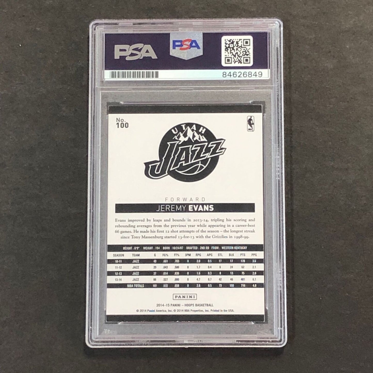 2014-15 NBA HOOPS #100 Jeremy Evans Signed Card AUTO GRADE 10 PSA Slabbed Jazz