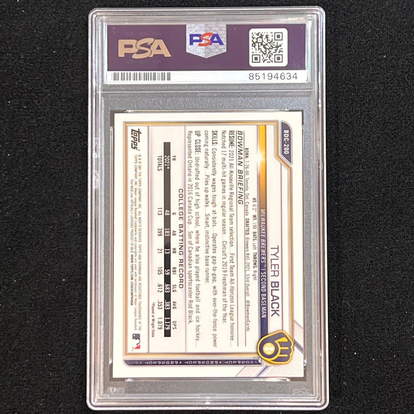 2022 Topps #BDC-200 Tyler Black Signed Card AUTO 10 PSA Slabbed Brewers