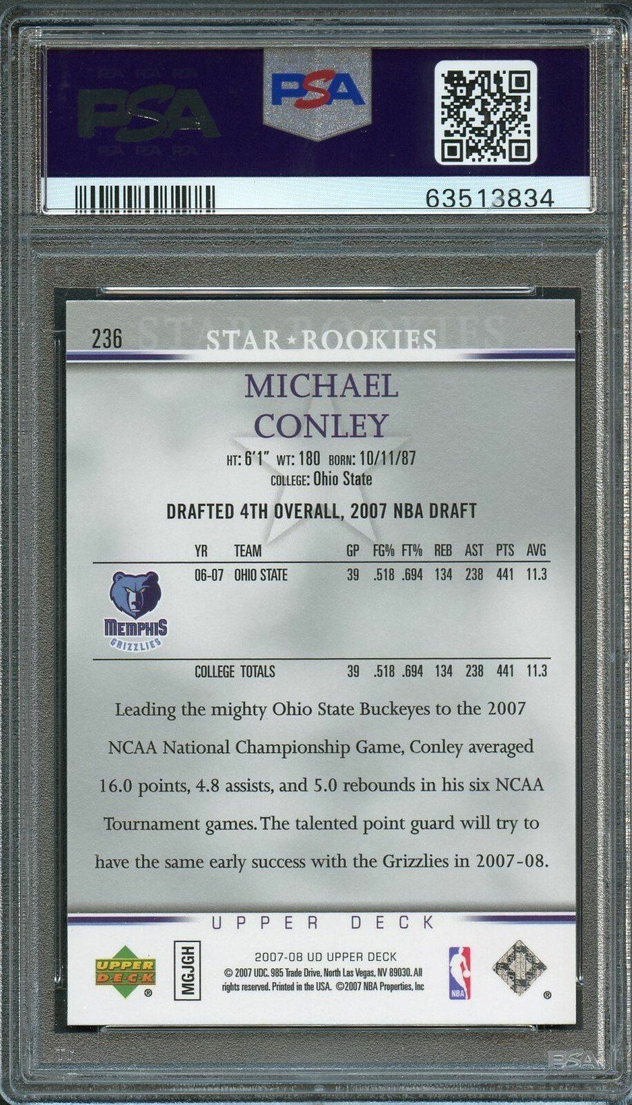 2007-08 UPPER DECK STAR ROOKIES #236 Mike Conley signed Auto Card PSA/DNA Slabbe