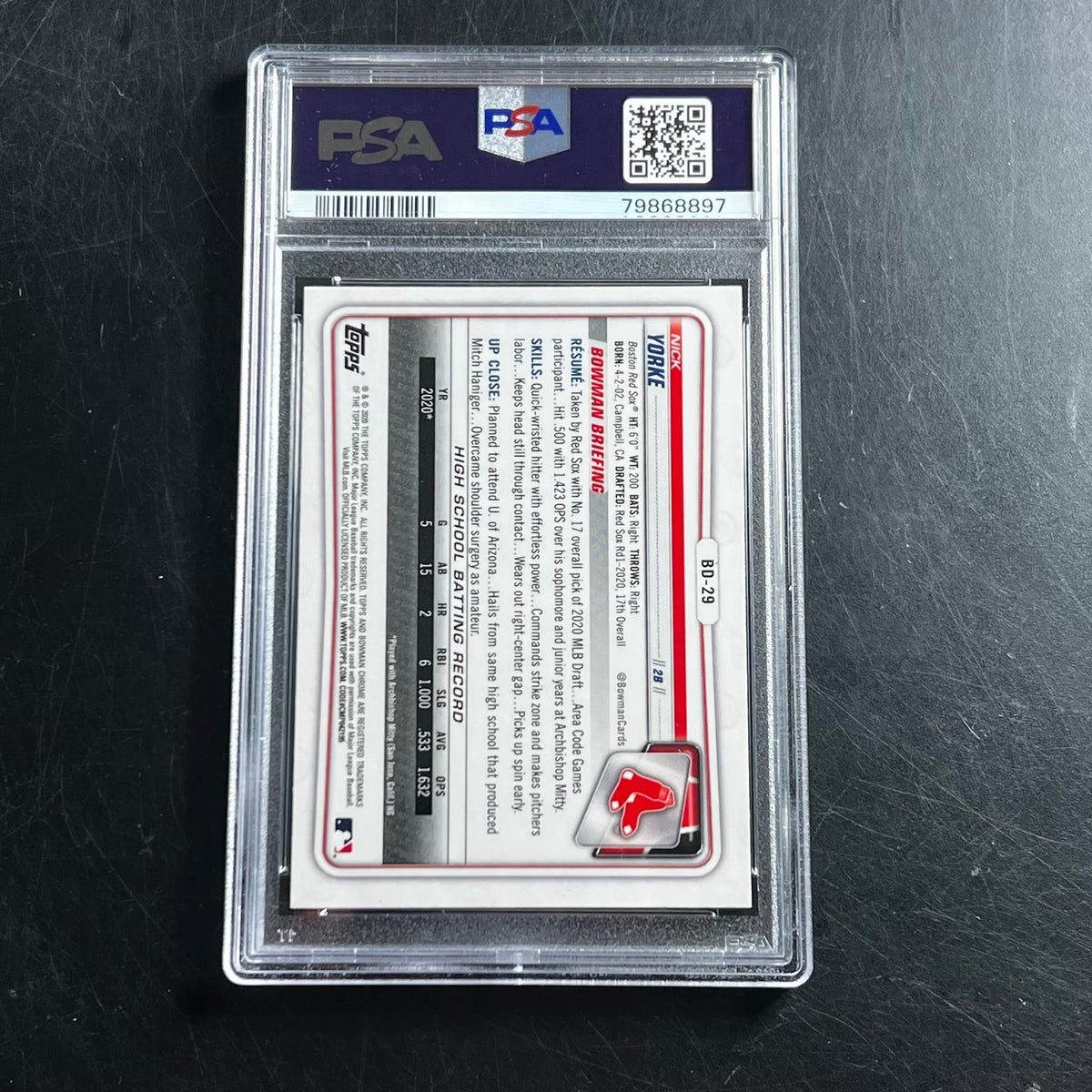 2020 Bowman Draft Chrome #BD29 Nick Yorke Signed Rookie Card PSA Mint 9 AUTO Aut