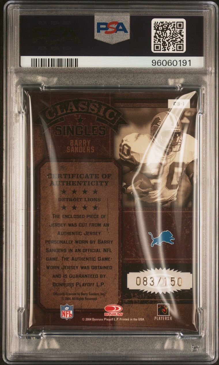 2004 Donruss Classics Classic Materials #CS-1 Barry Sanders Signed Card PSA Auth