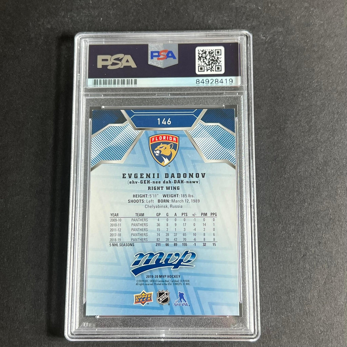 2019-20 Upper Deck MVP Hockey #146 Evgenii Dadonov Signed Card AUTO PSA Slabbed