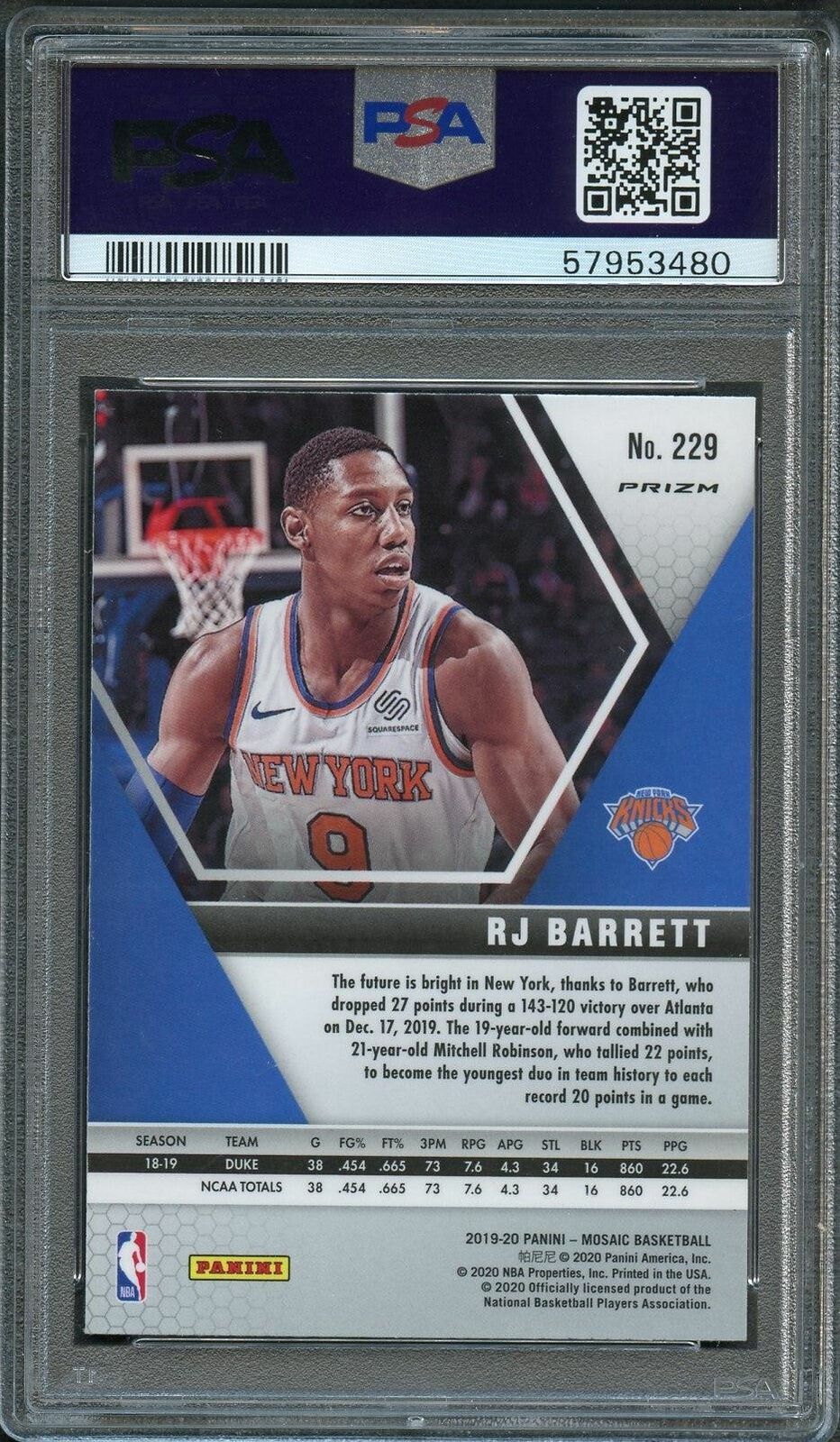 2019-20 MOSAIC Pink Camo #229 RJ BARRETT PSA 10 RC Knicks