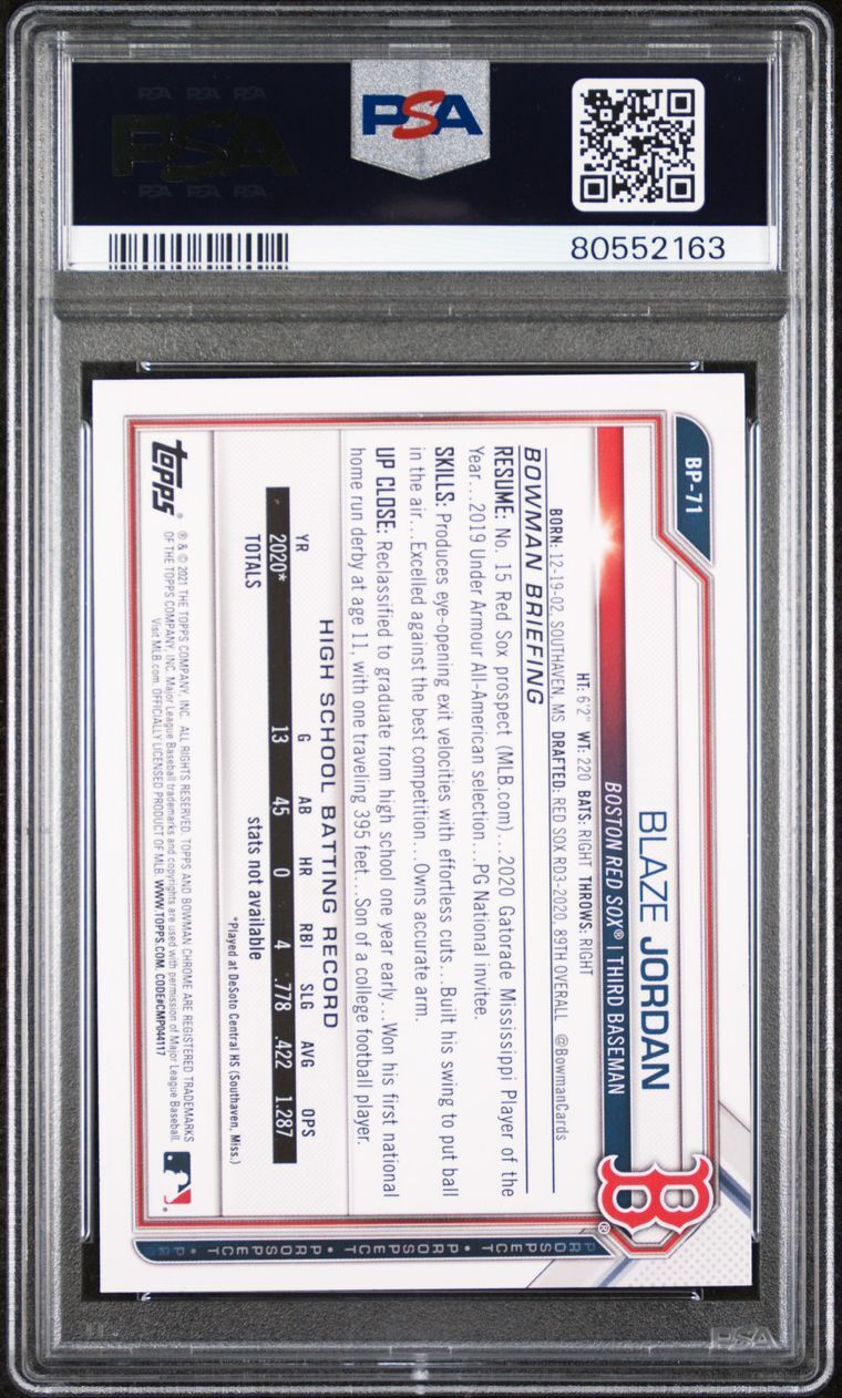 2021 Bowman Paper Prospects Camo #BP71 Blaze Jordan Signed Rookie Card PSA 7 AUT