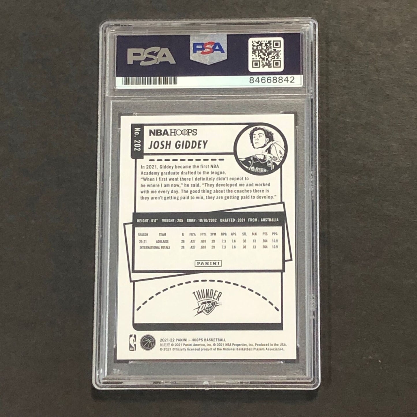 2021-22 NBA Hoops #202 Josh Giddey Signed Card AUTO PSA Slabbed RC Thunder