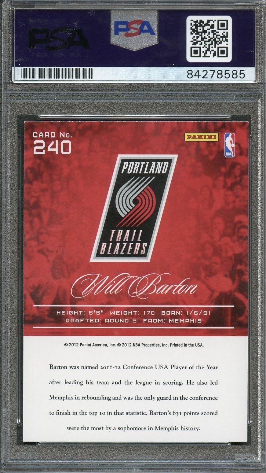 2012 Panini Prestige #240 Will Barton signed Auto Card PSA/DNA Slabbed Trail Bla